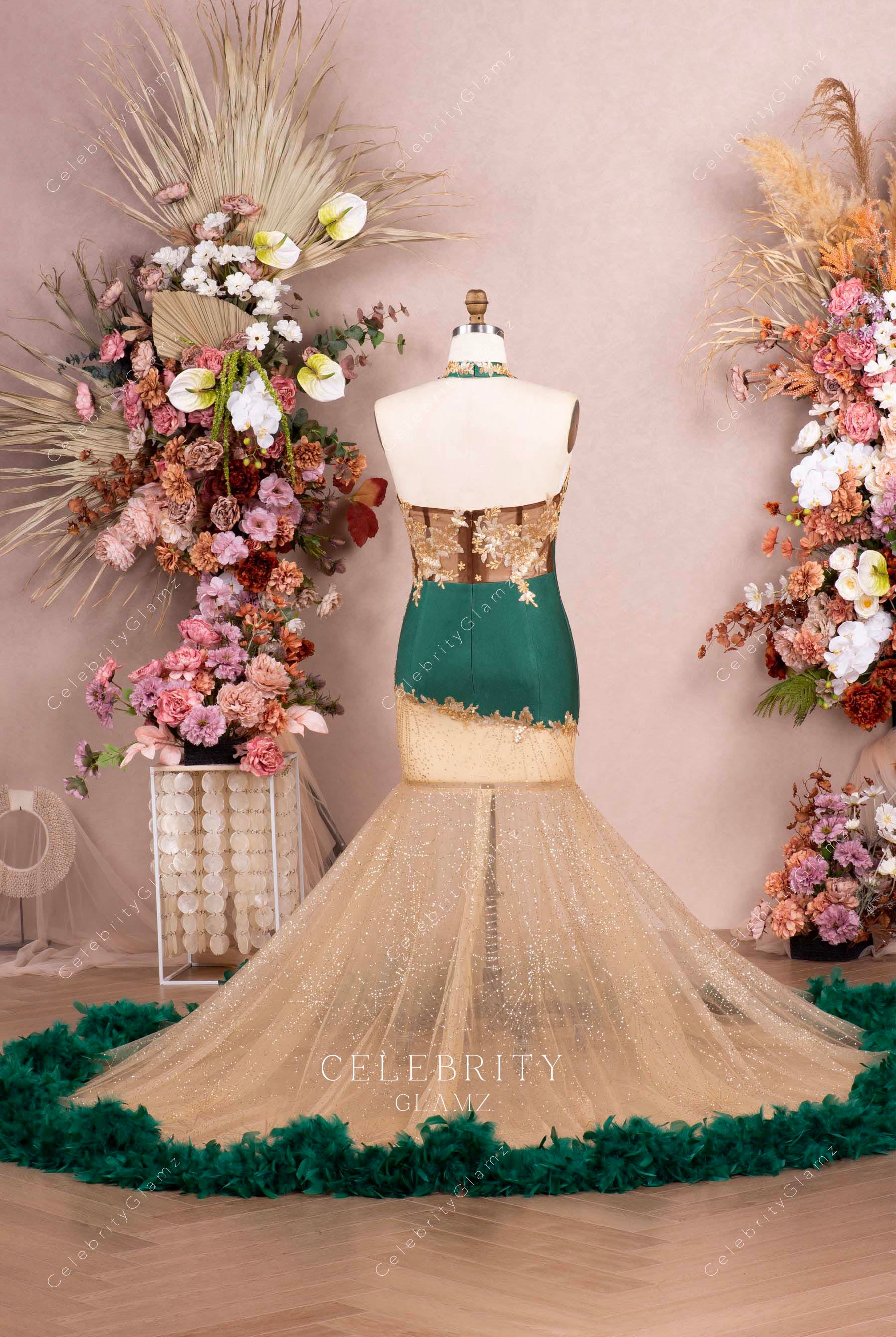 two tone open back prom dress