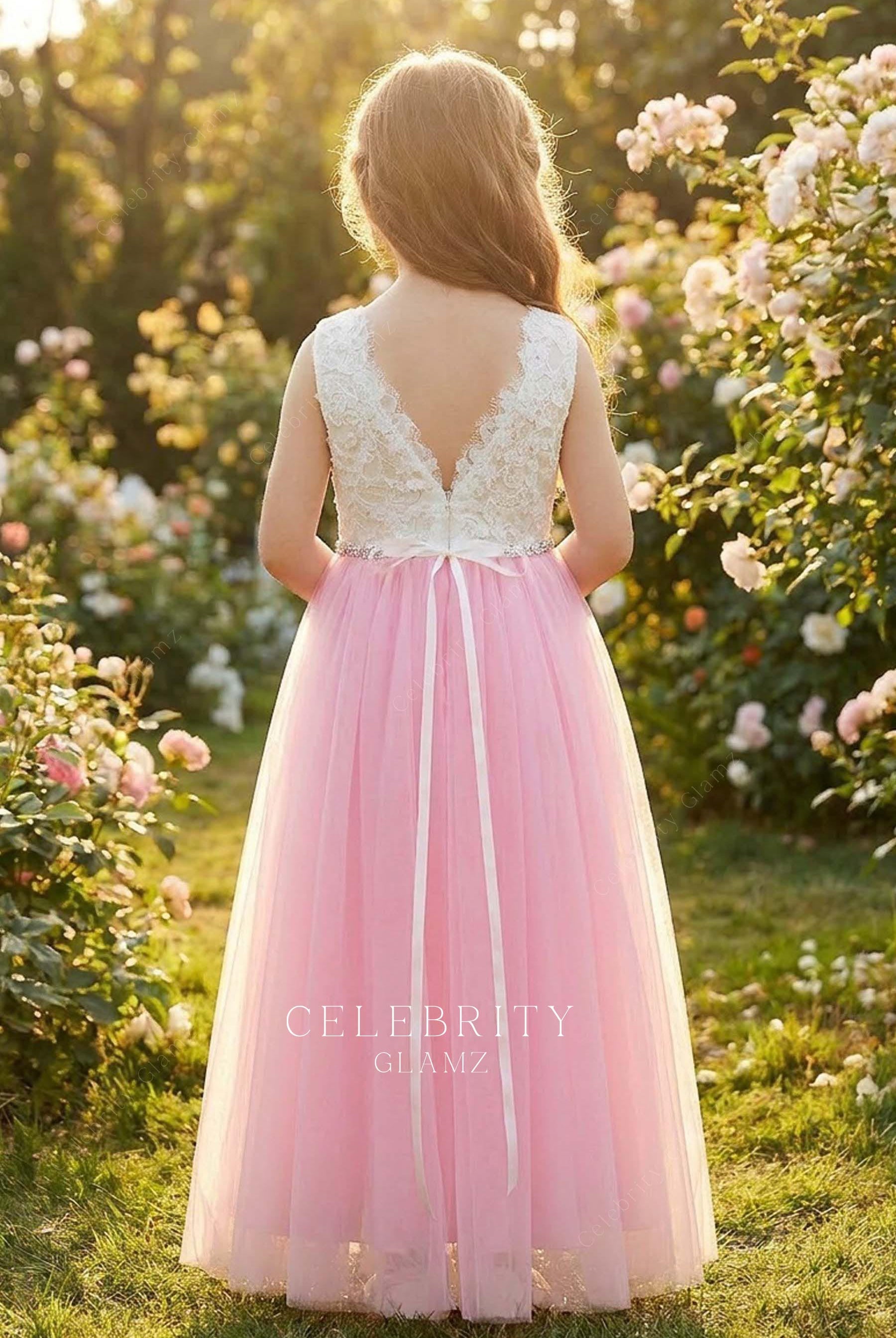 two tone rhinestone waistband flower girl dress