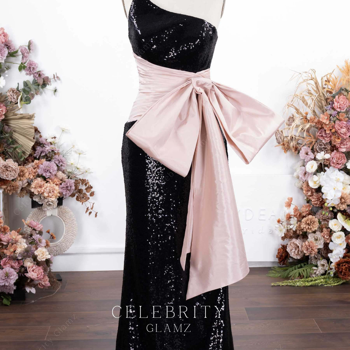 Two-Tone Black Sequin Pink Bowknot Strapless Formal Gown – Celebrity Glamz