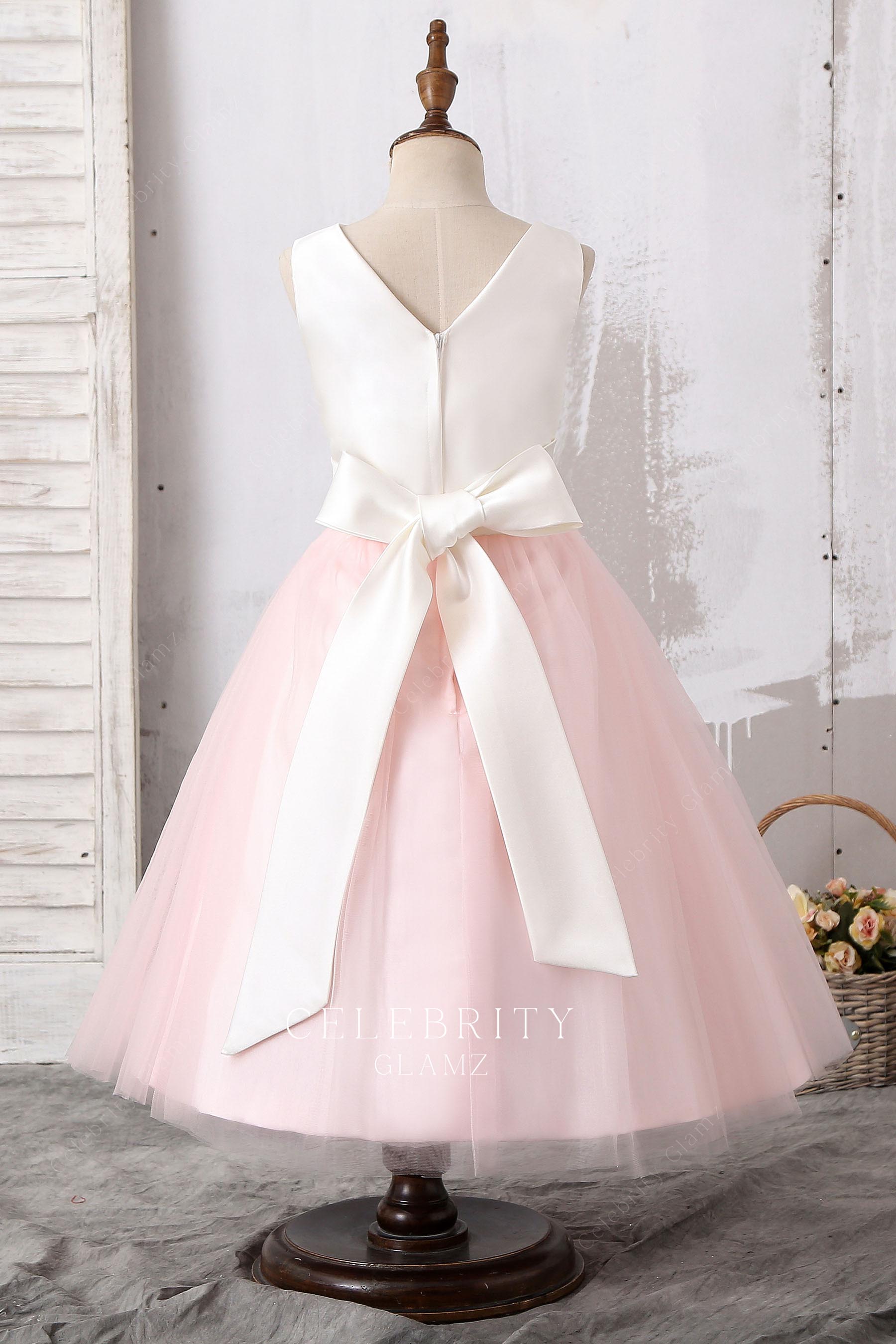 two tone v back flower girl dress