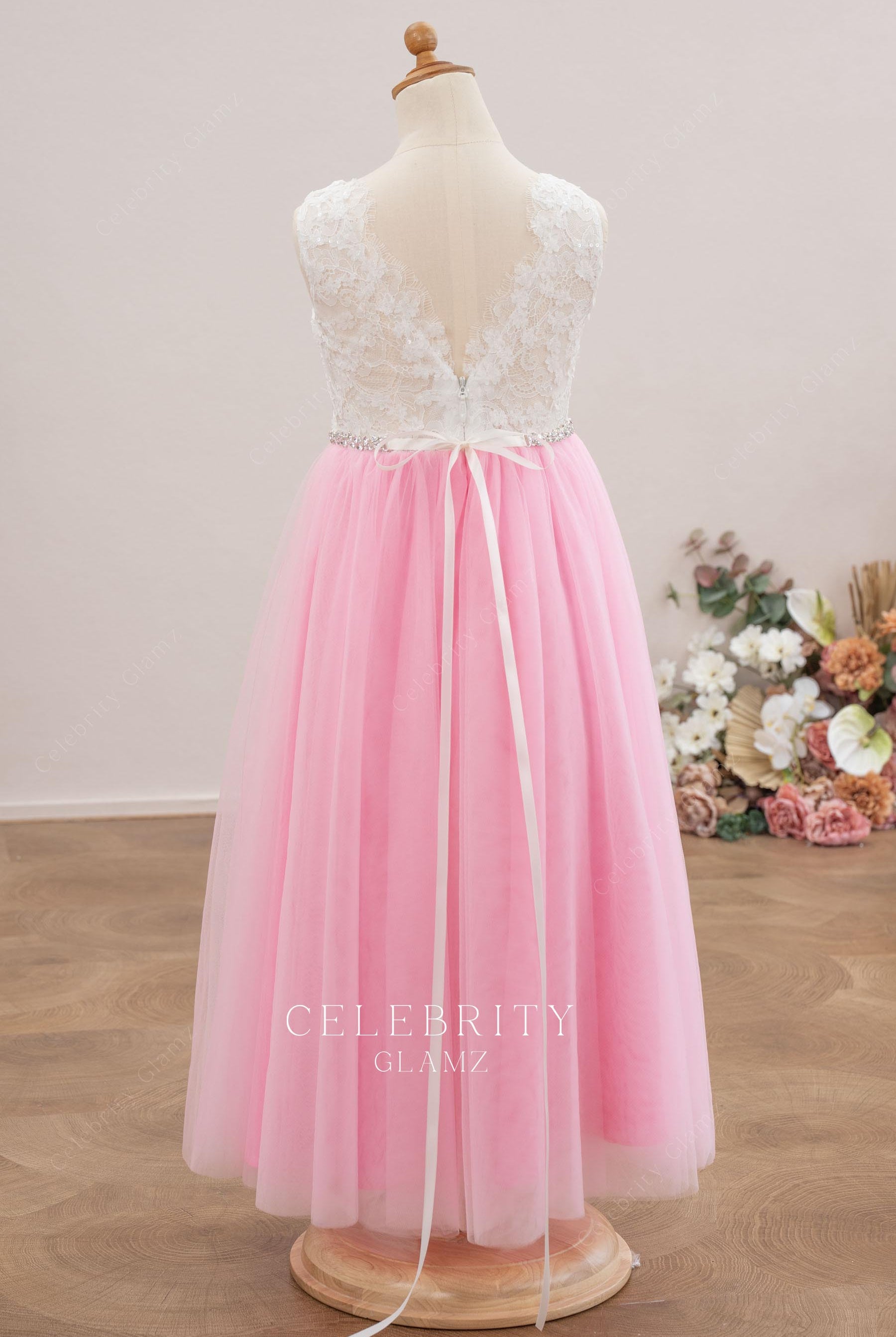 two tone v back flower girl dress
