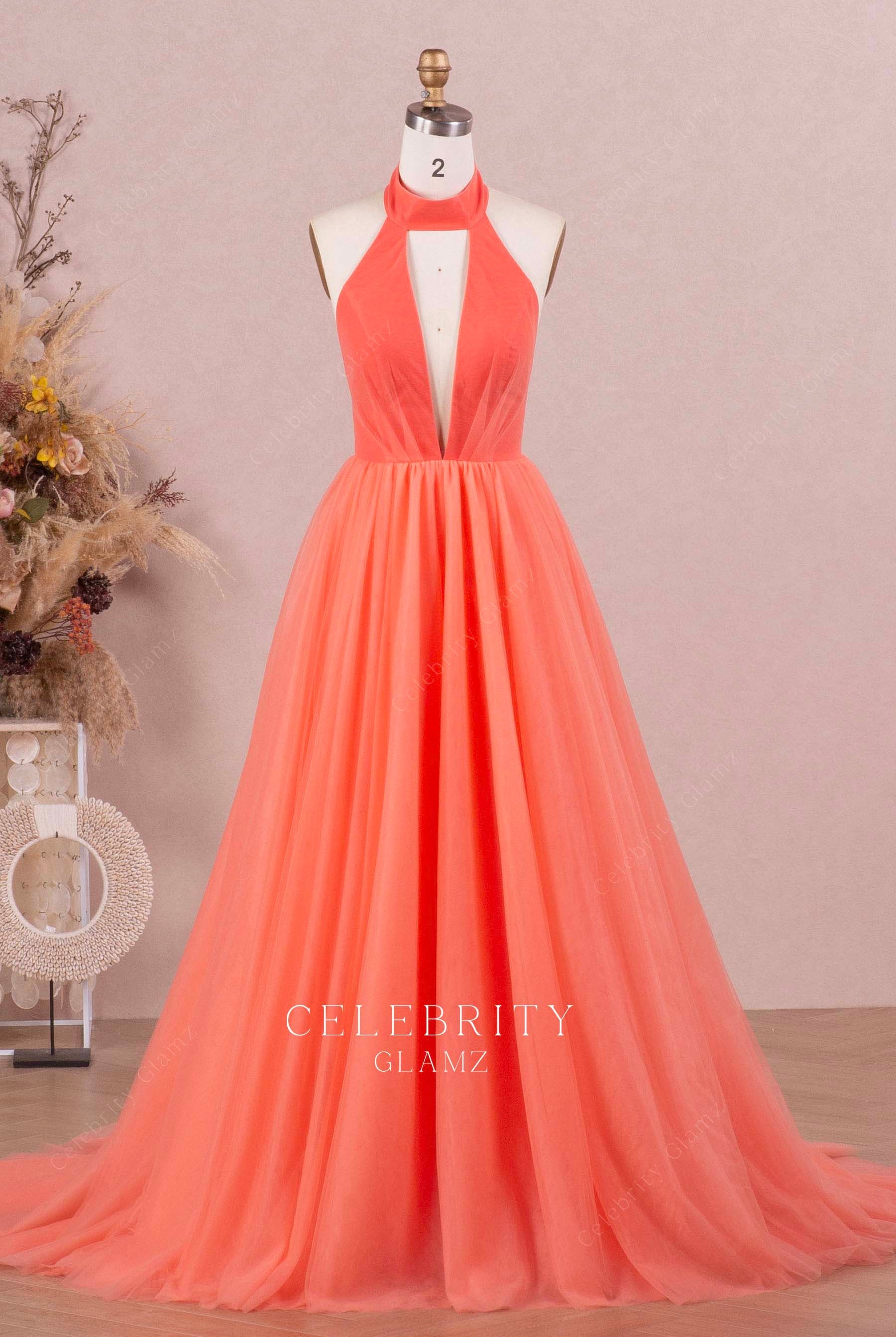 watermelon halter a line prom dress