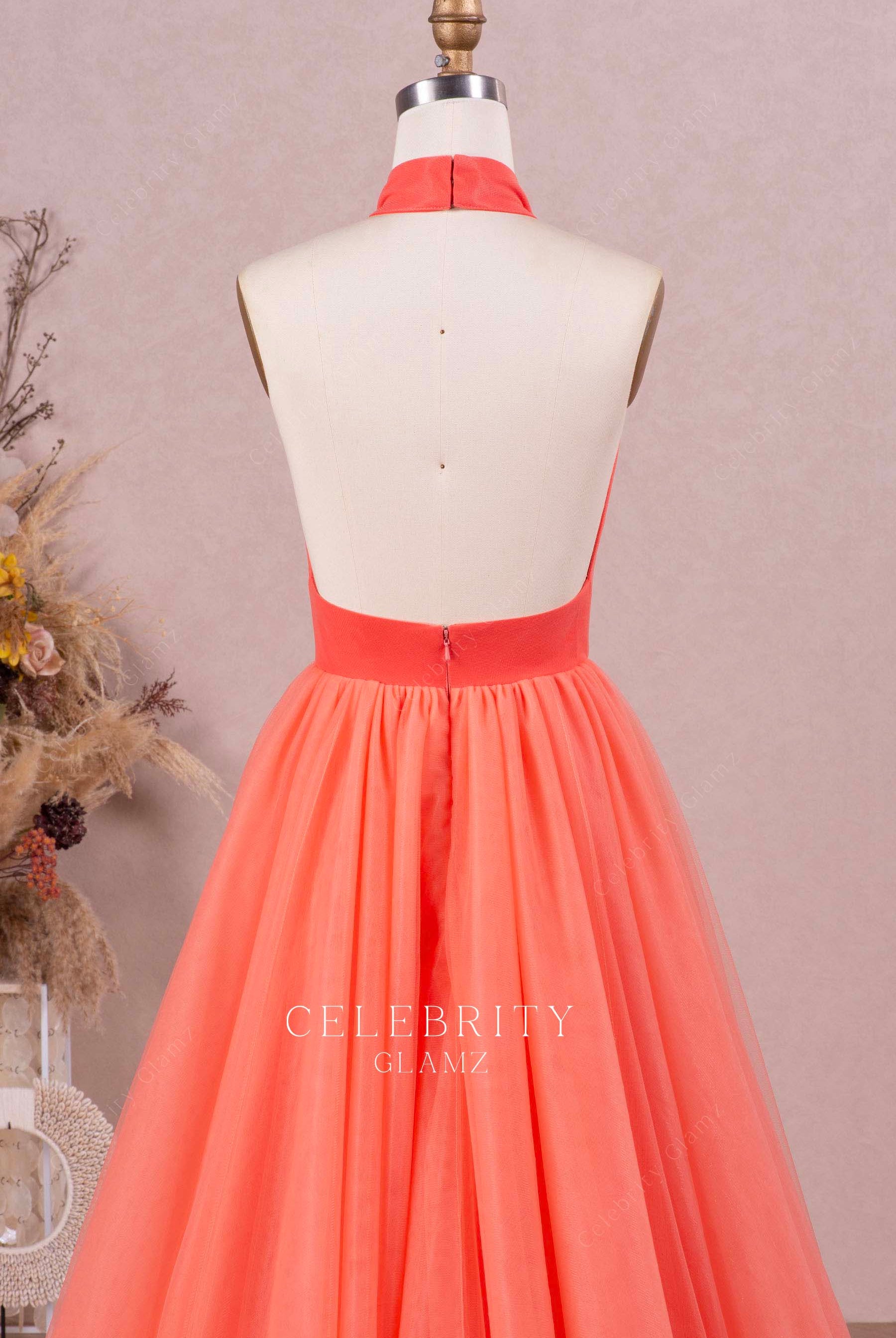 watermelon halter open back prom dress