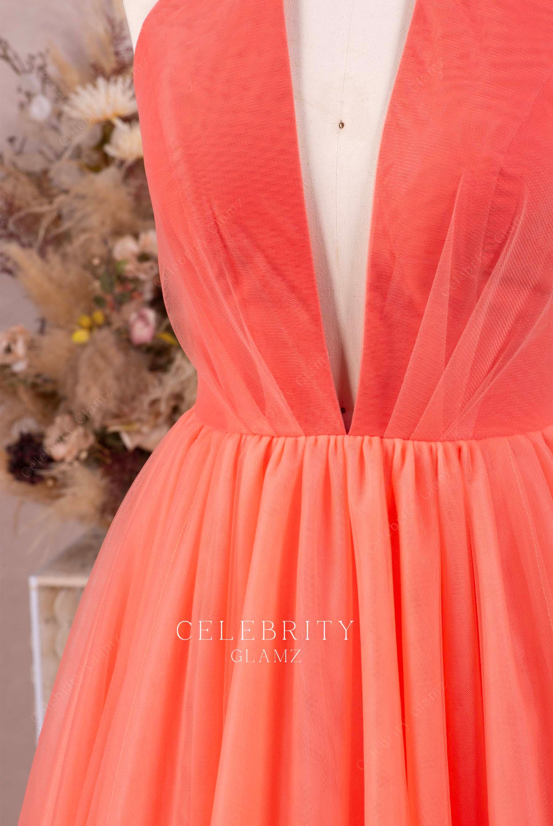 watermelon halter plunging neck prom dress