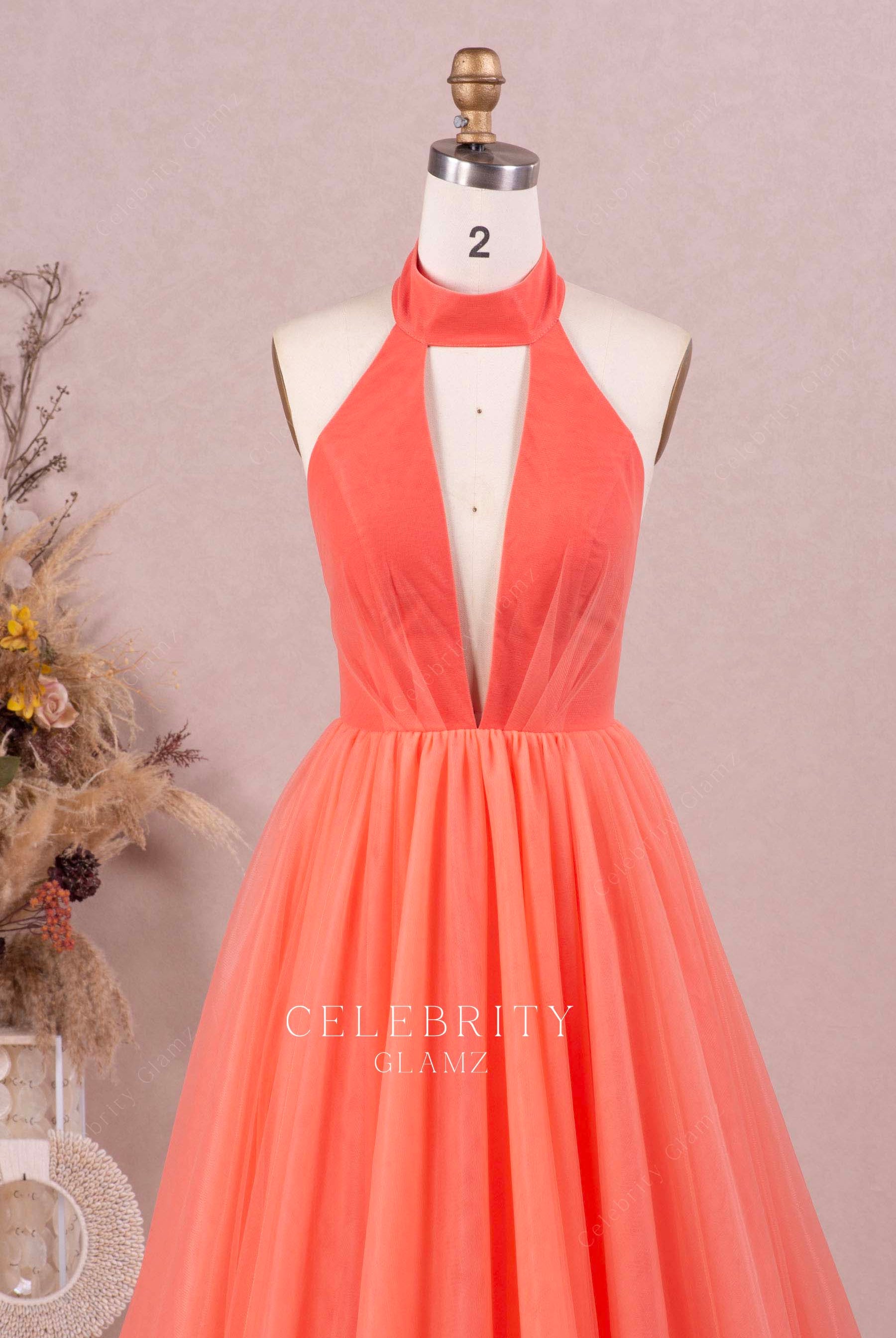 watermelon halter sleeveless prom dress