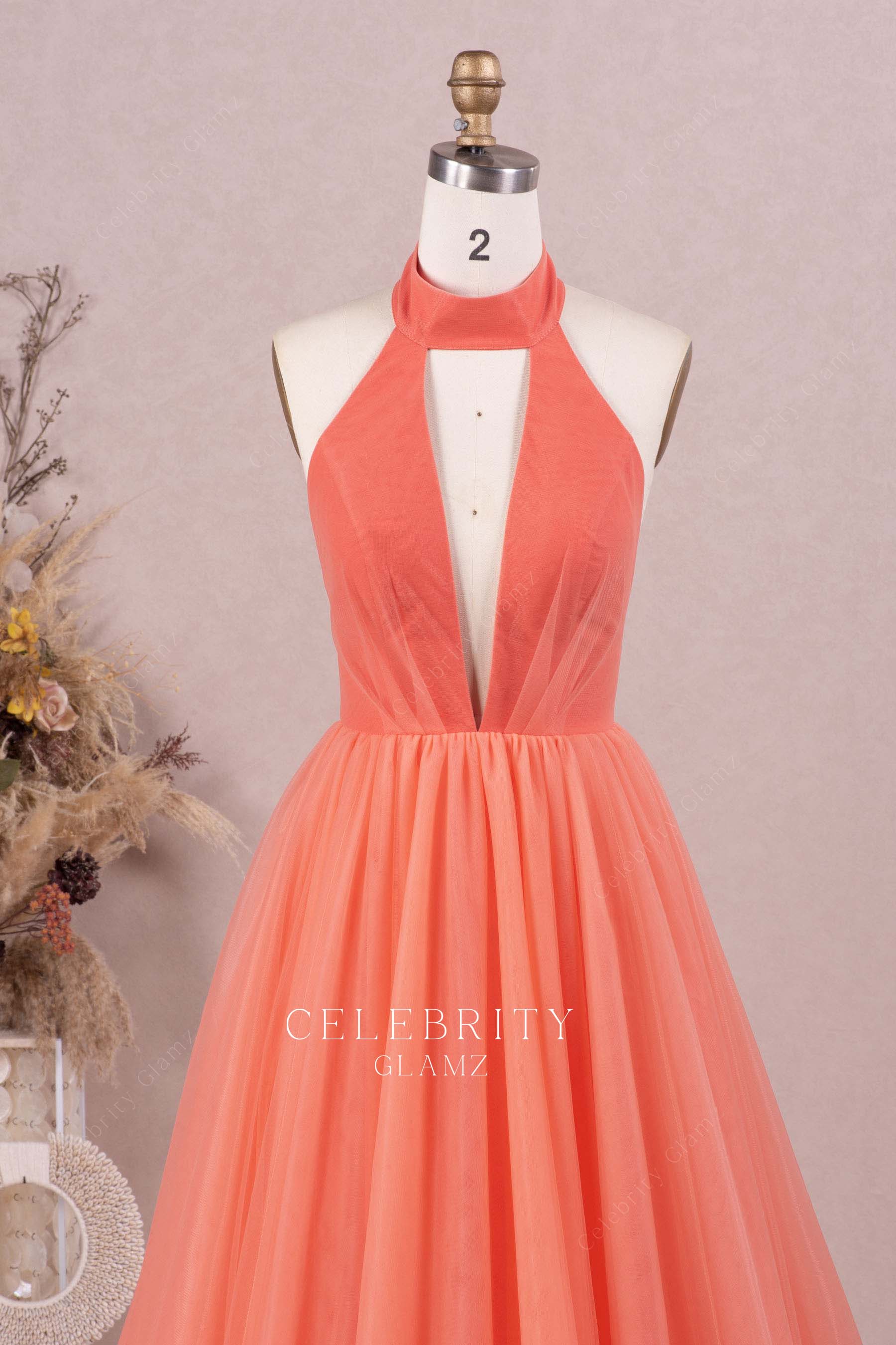 watermelon halter sleeveless prom dress
