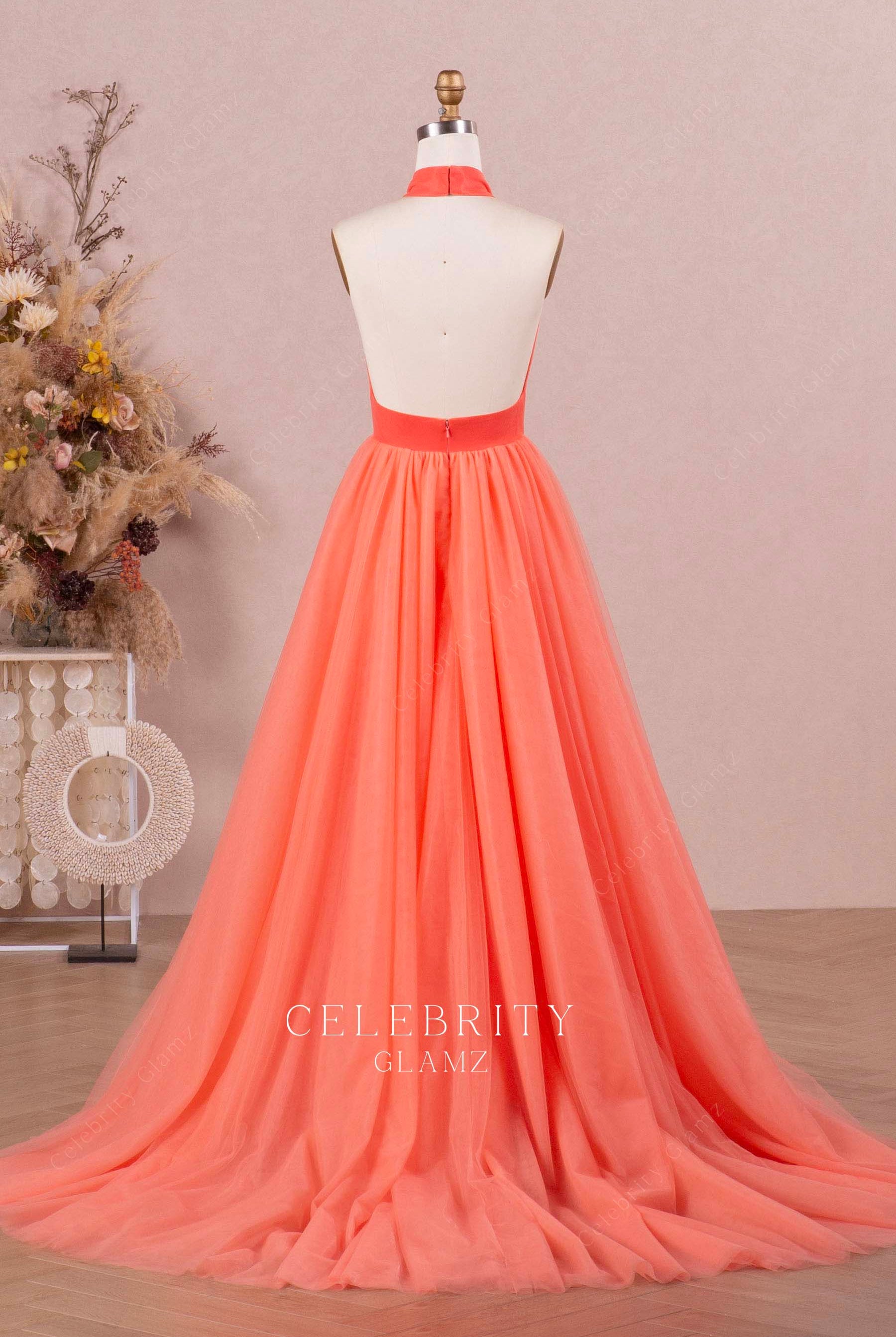 watermelon tulle a line prom dress