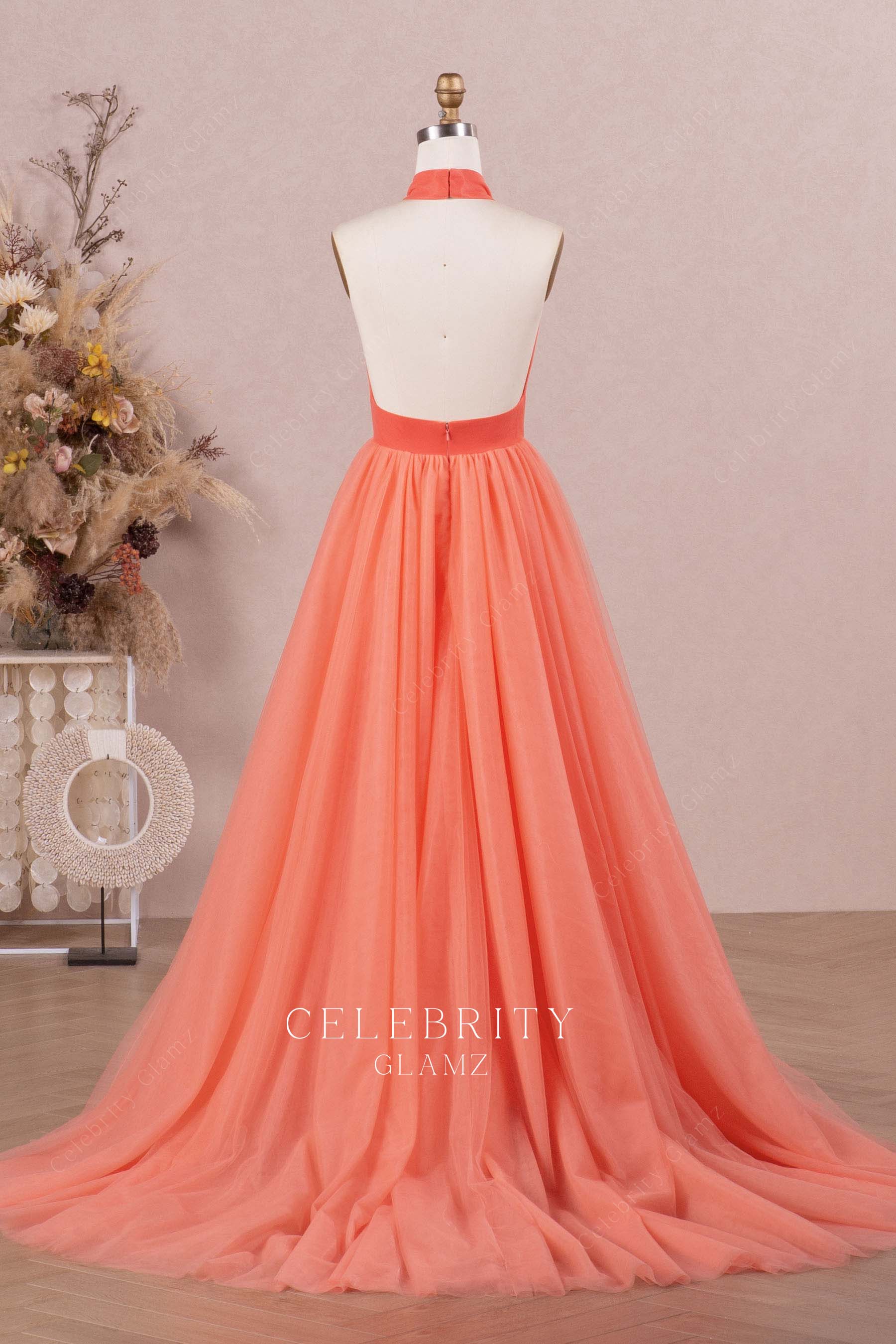 watermelon tulle a line prom dress