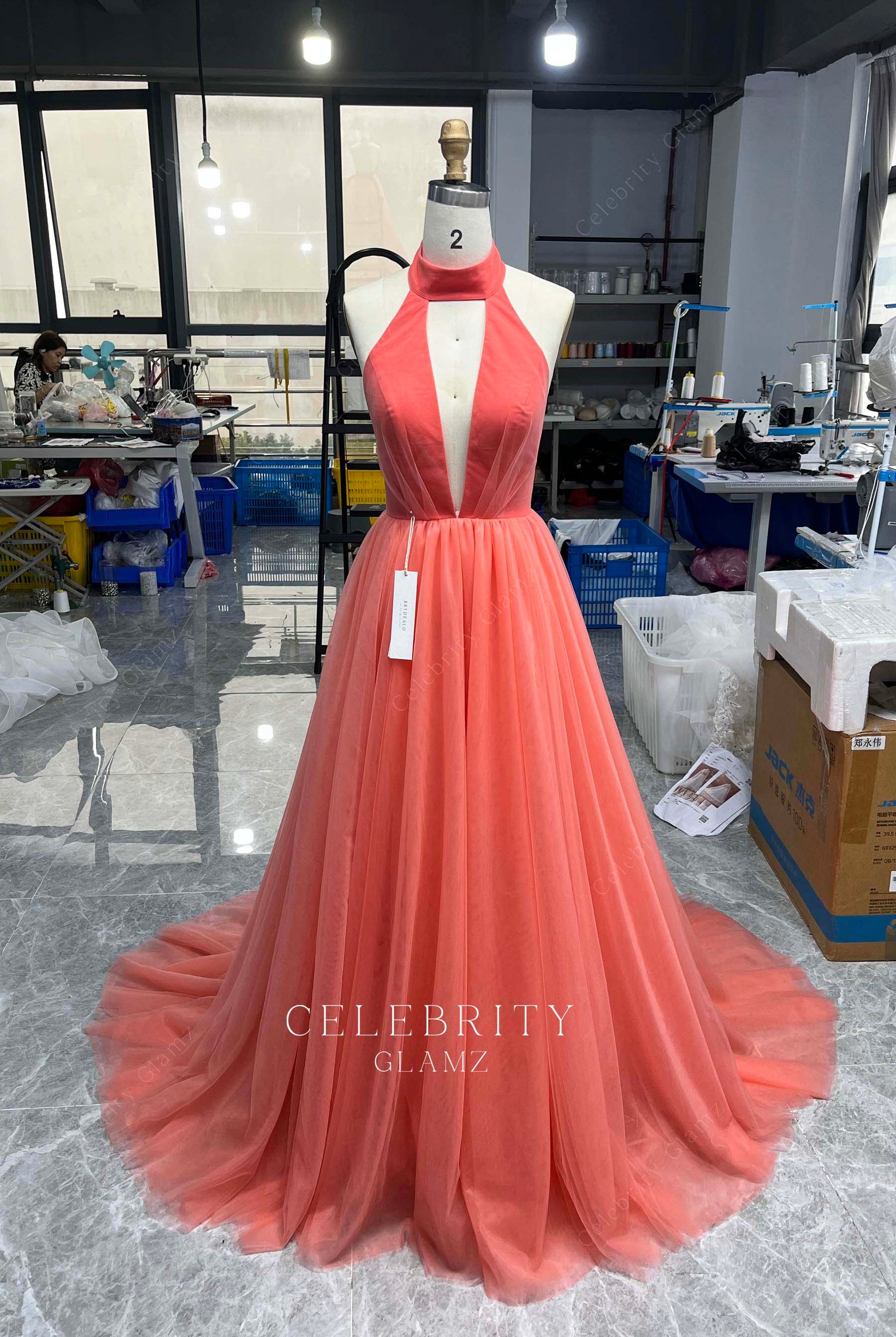 watermelon tulle halter a line prom dress