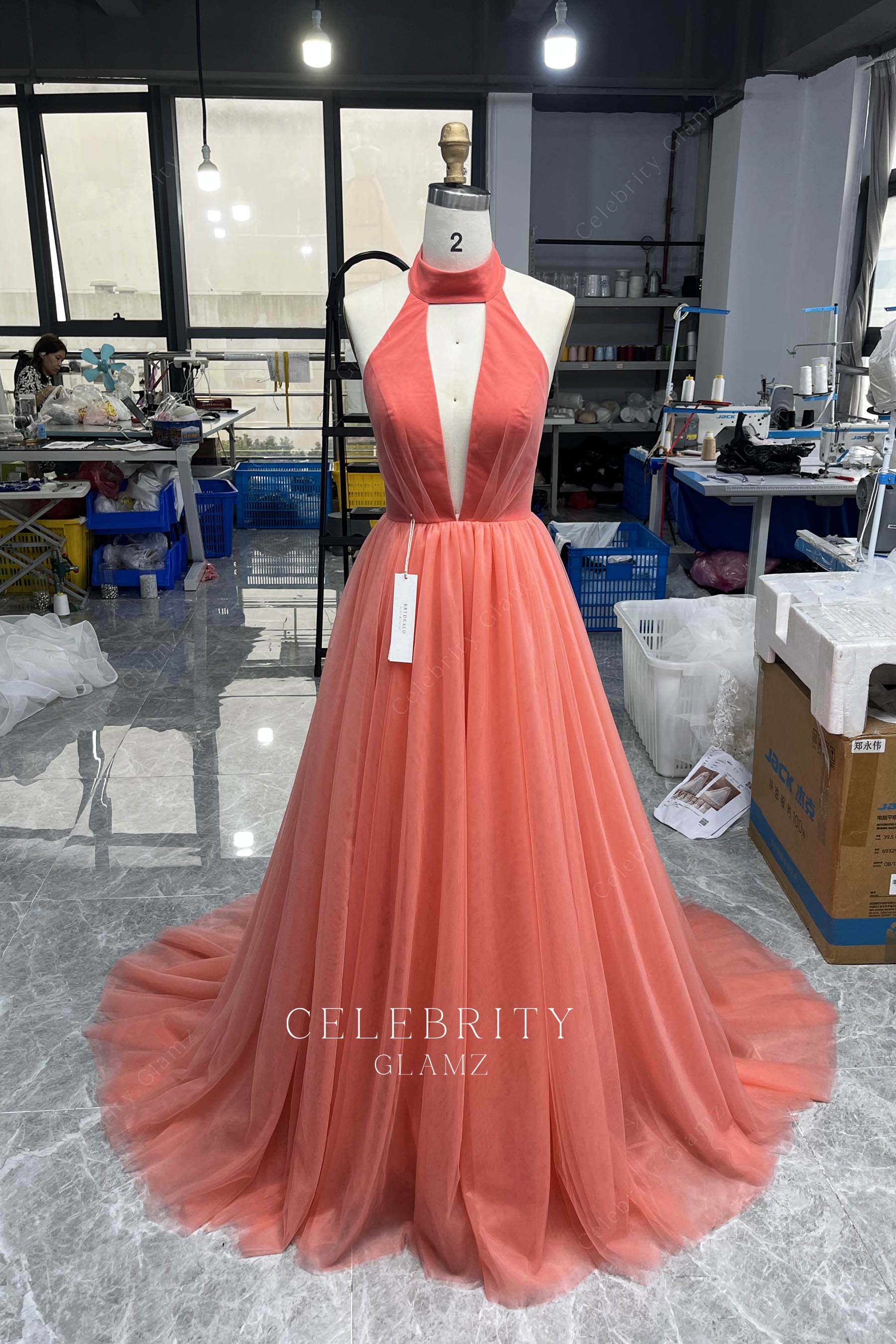 watermelon tulle halter a line prom dress