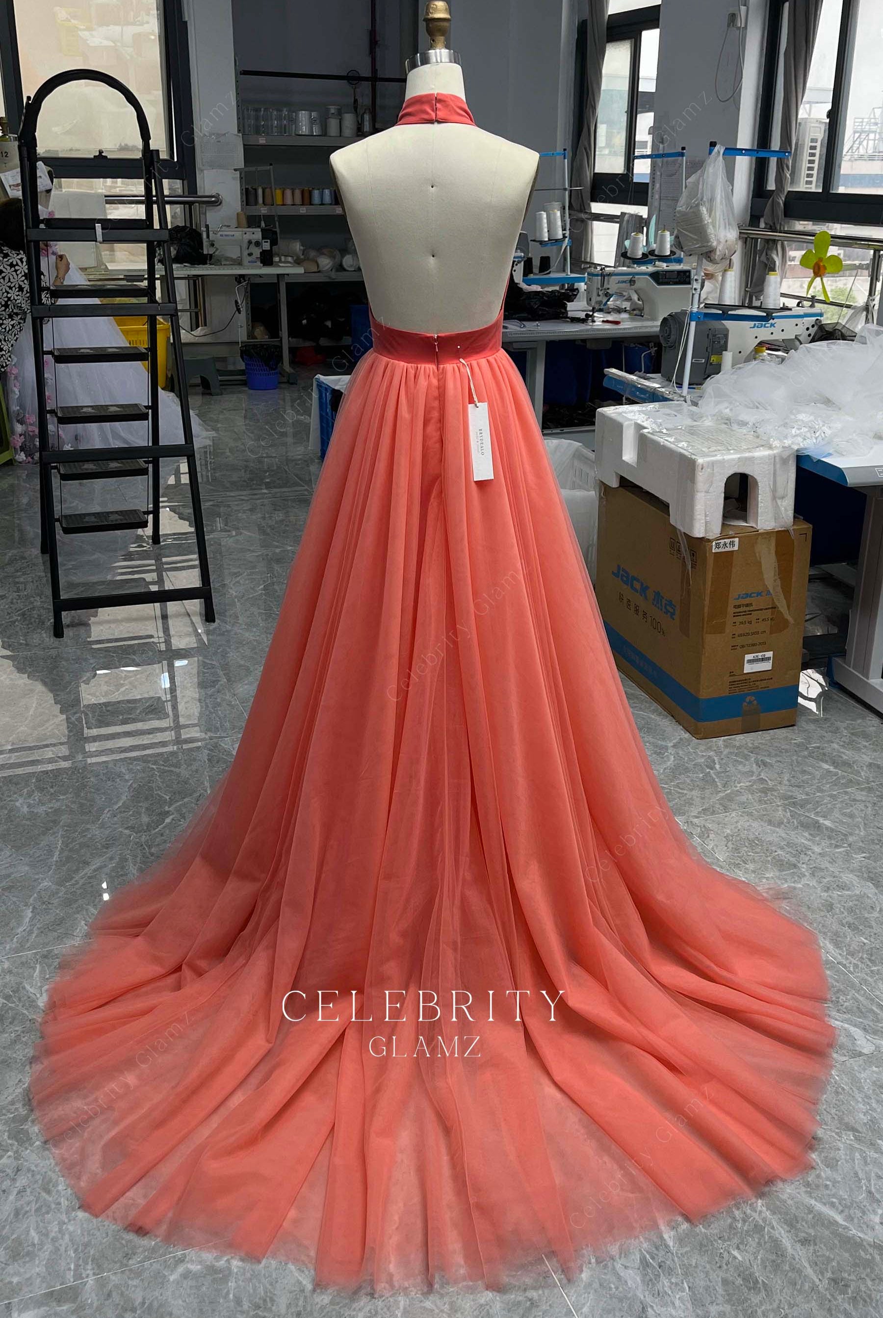 watermelon tulle open back prom dress