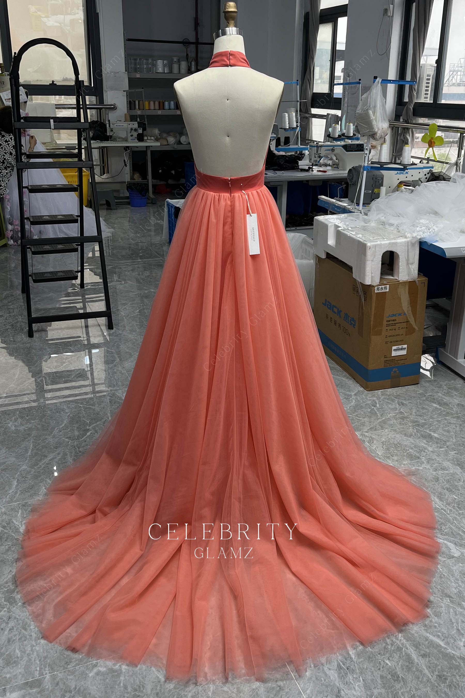 watermelon tulle open back prom dress