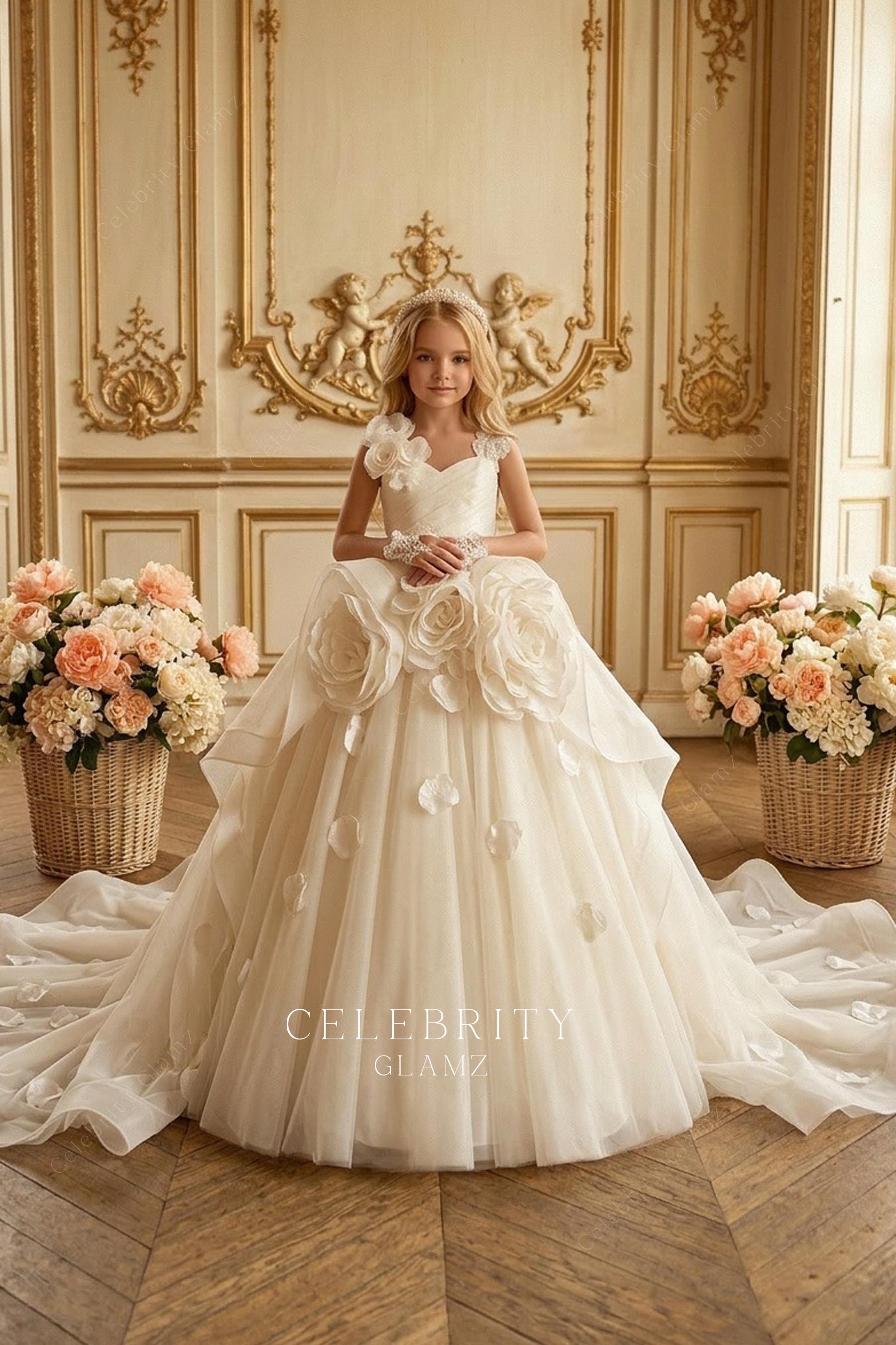 white 3d flower aline tulle first communion gown