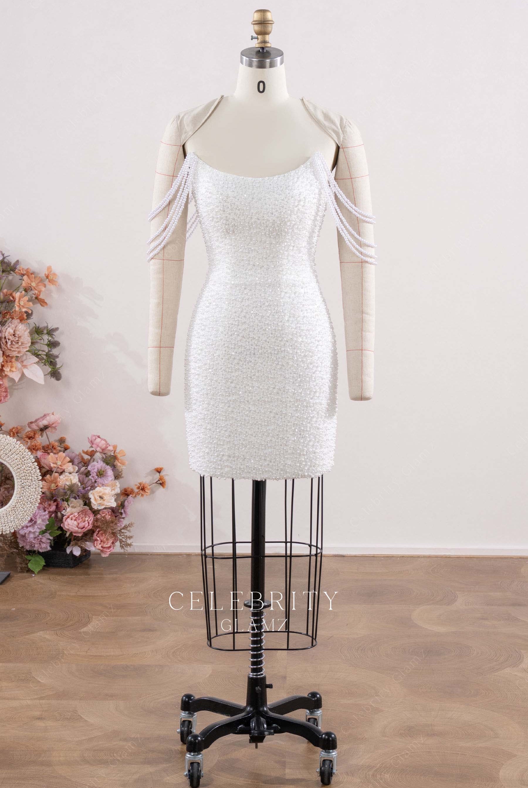 white beaded off shoulder prom dress