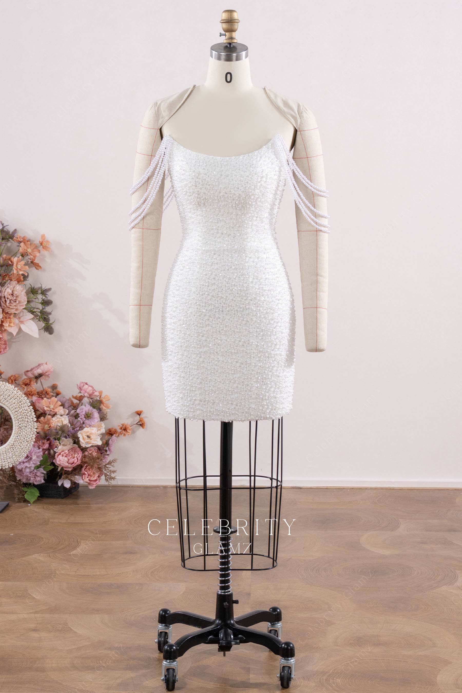 white beaded off shoulder prom dress