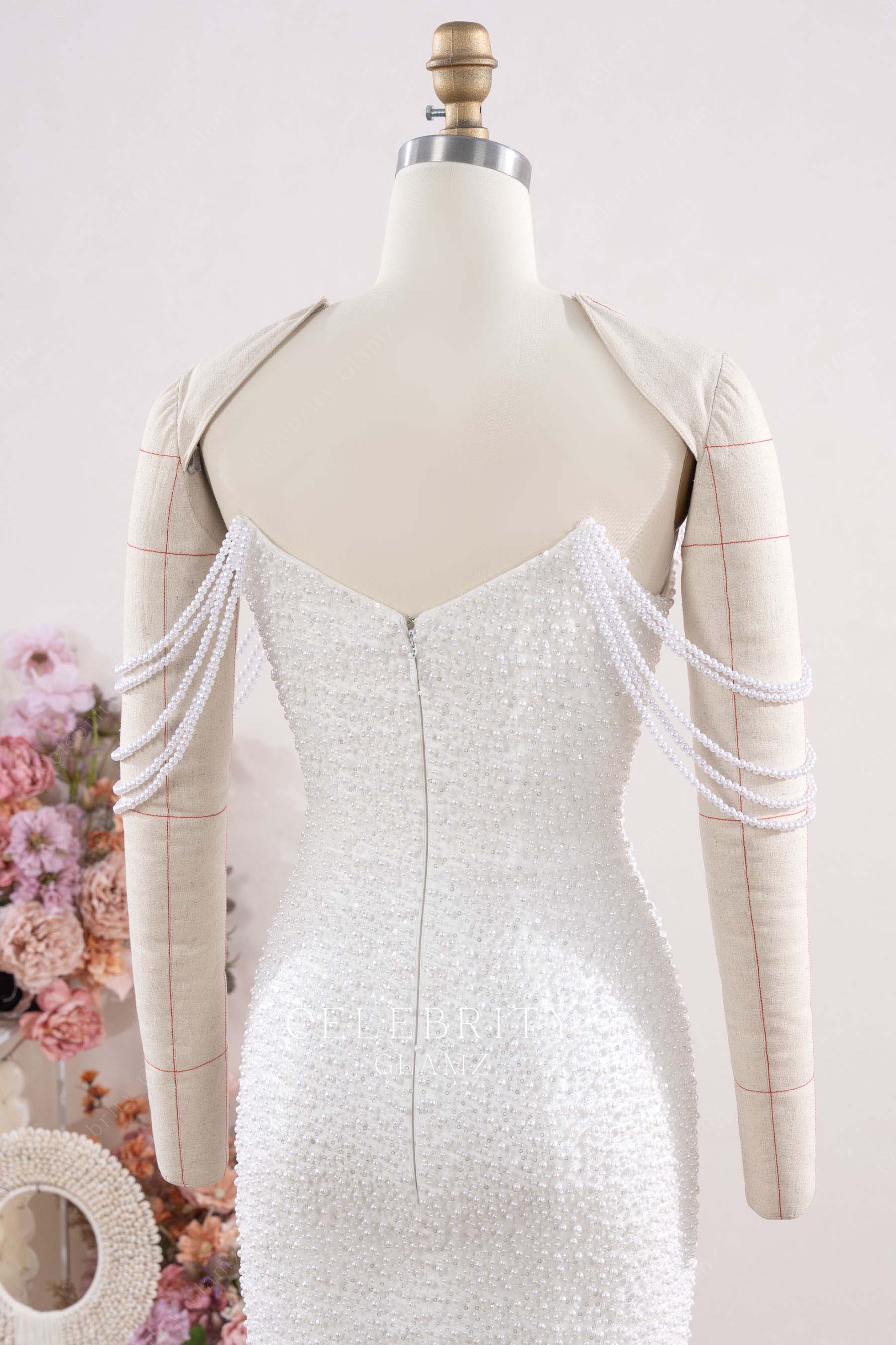 white beaded v back prom dress