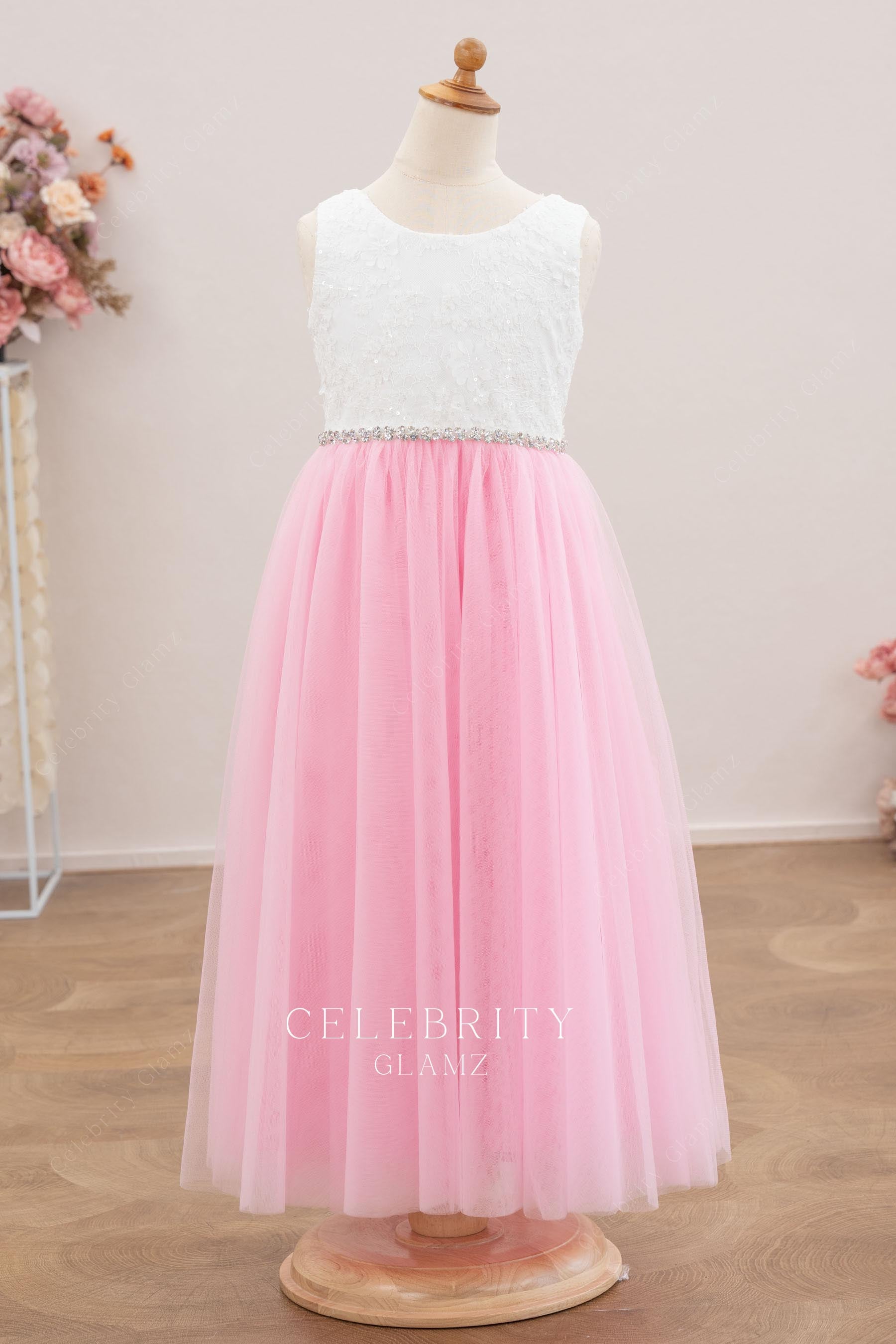 white bodice pink a line flower girl dress