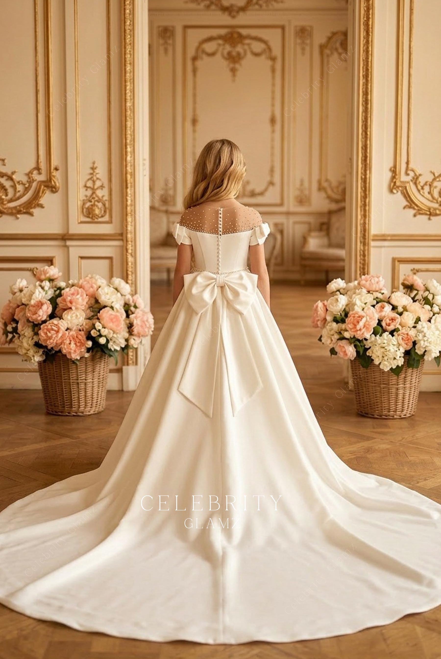 white chapel train satin first communion gown