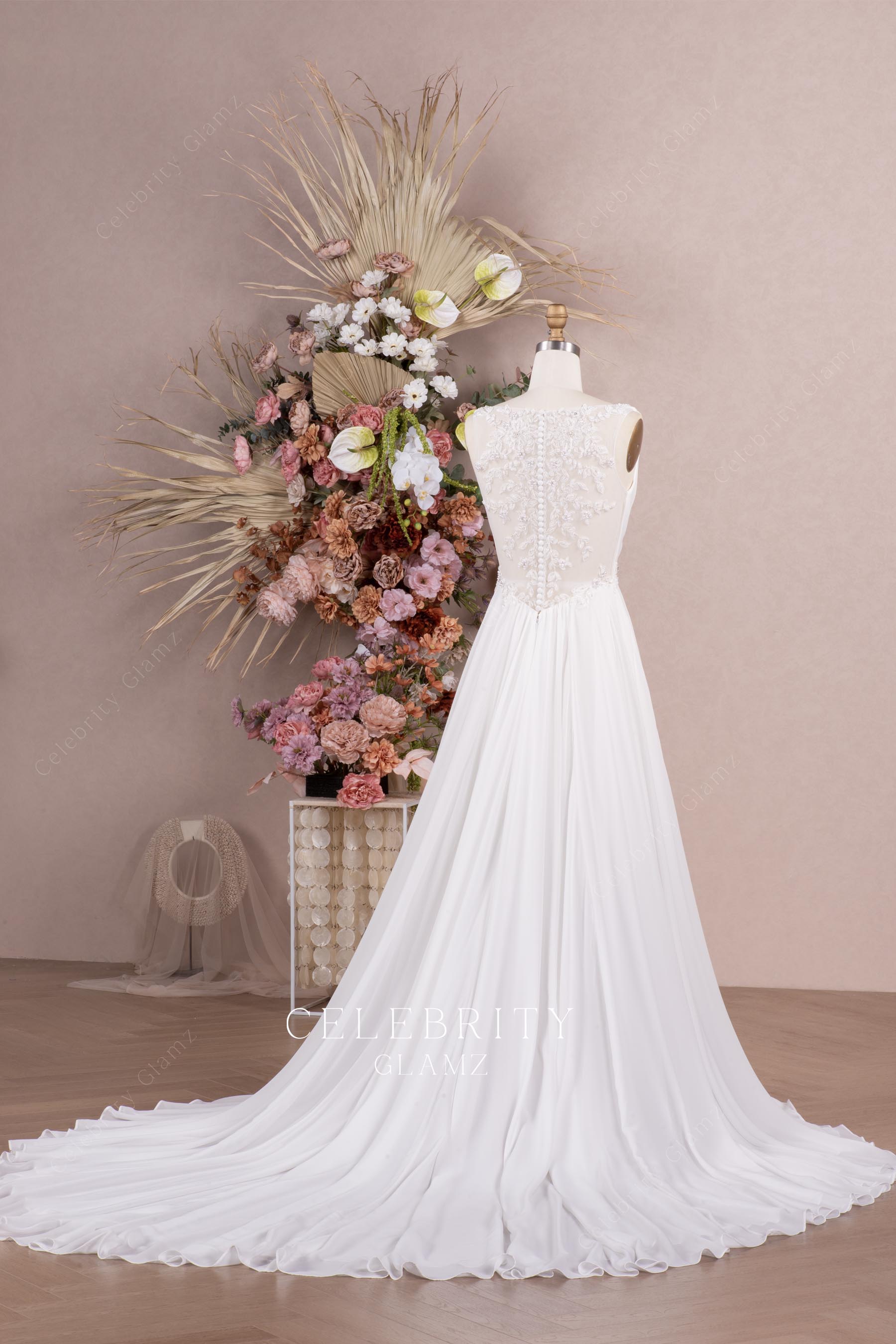 white chiffon chapel train bridal dress