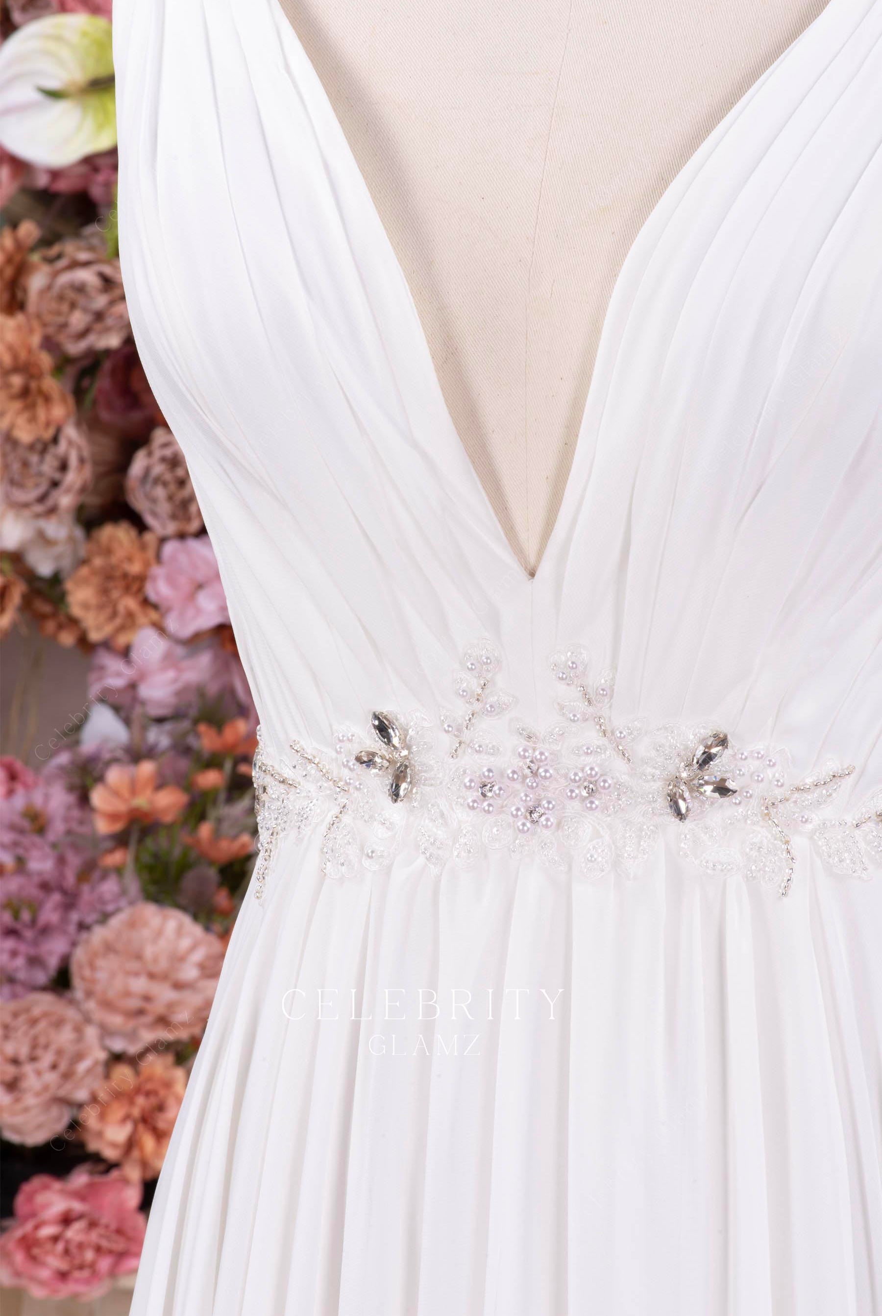 white chiffon plunging neck bridal dress