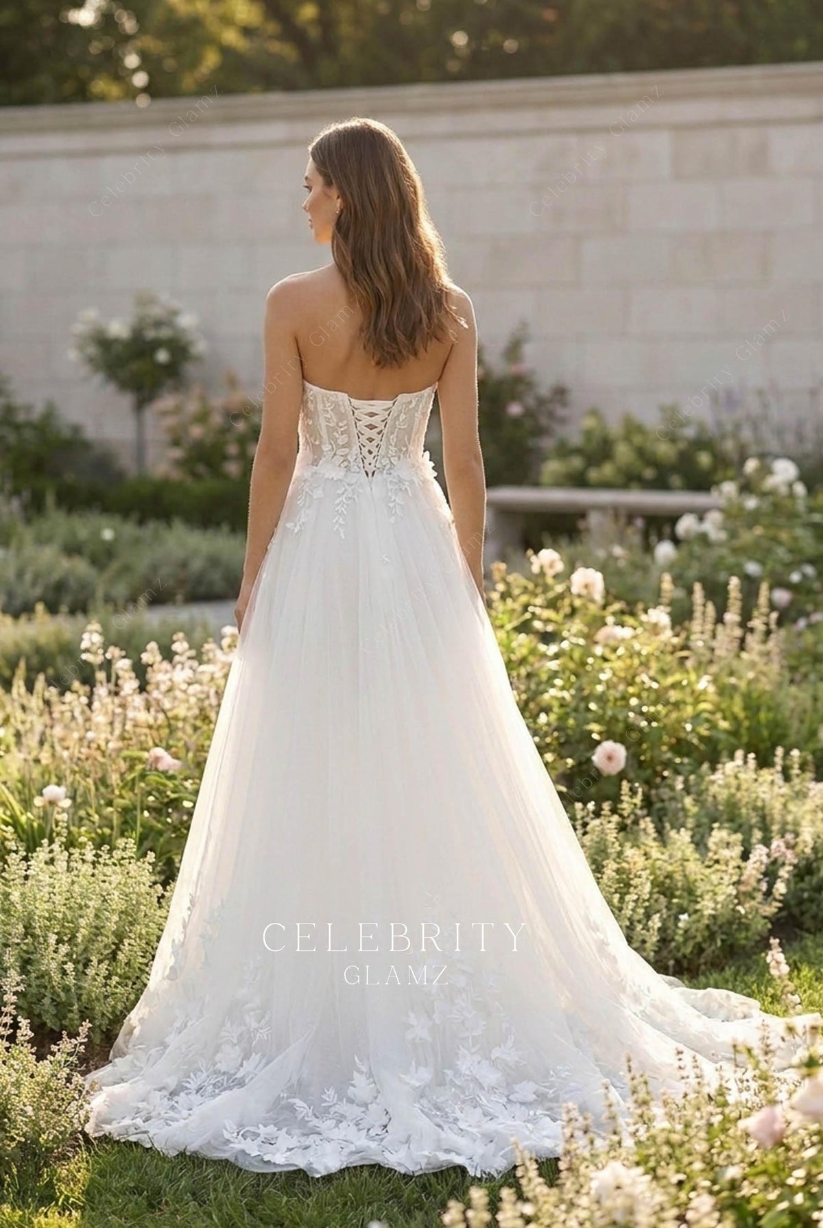 white corset floral lace wedding dress