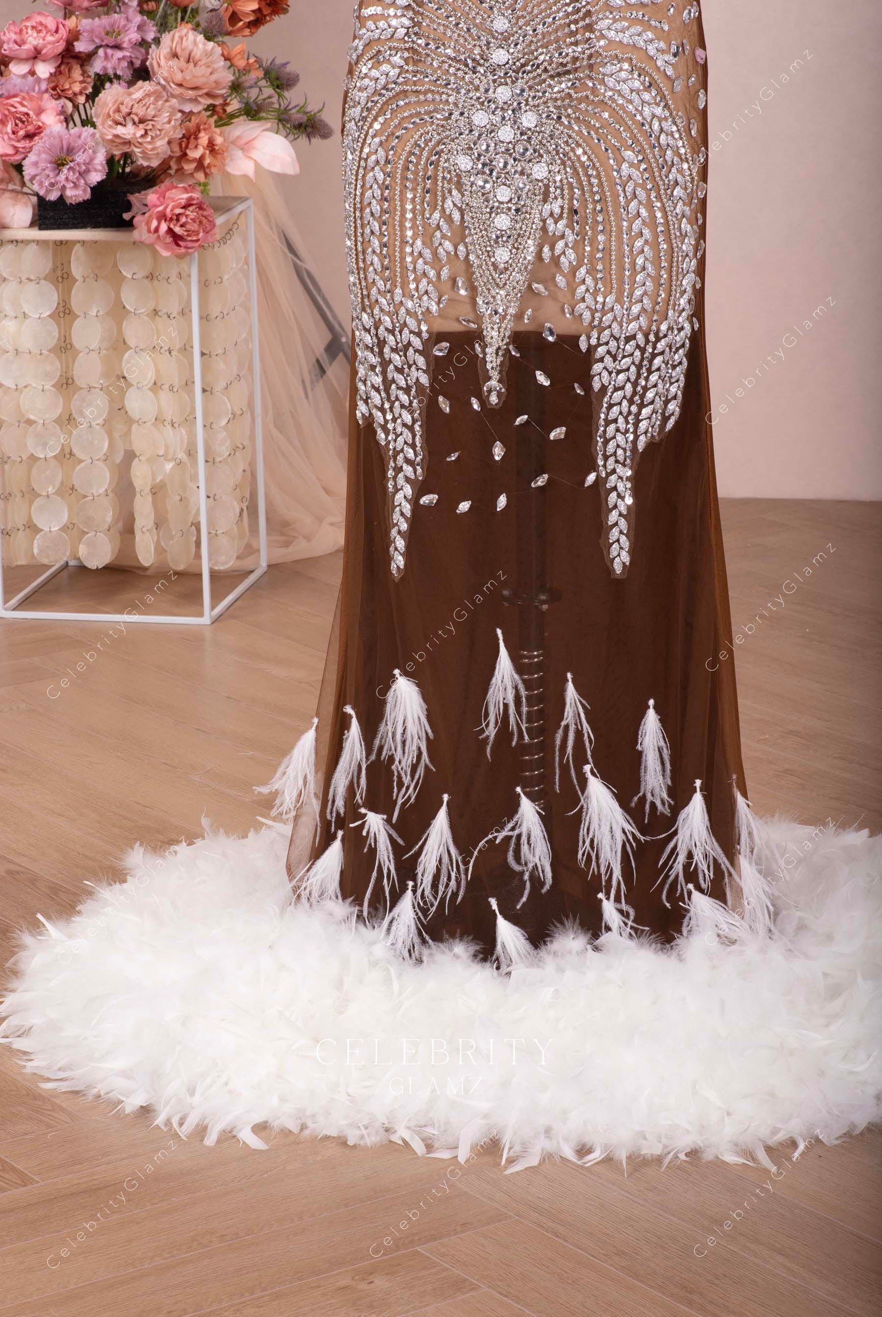 white feather hem prom dress