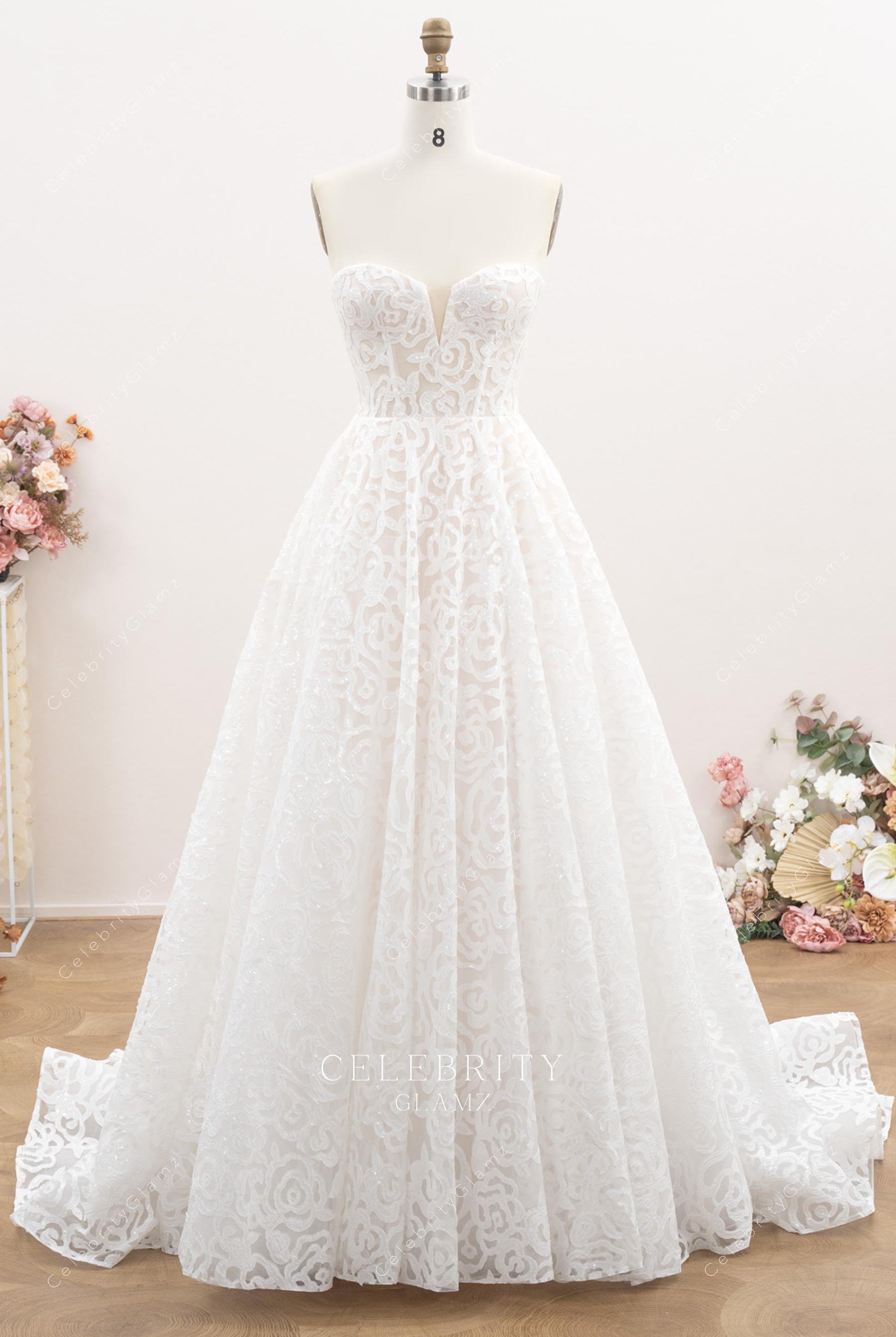 white floral lace Aline wedding dress