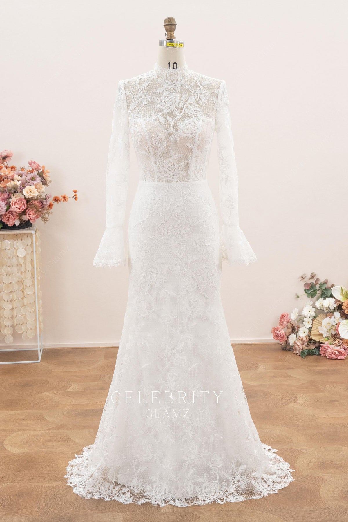 white floral lace high neck wedding dress