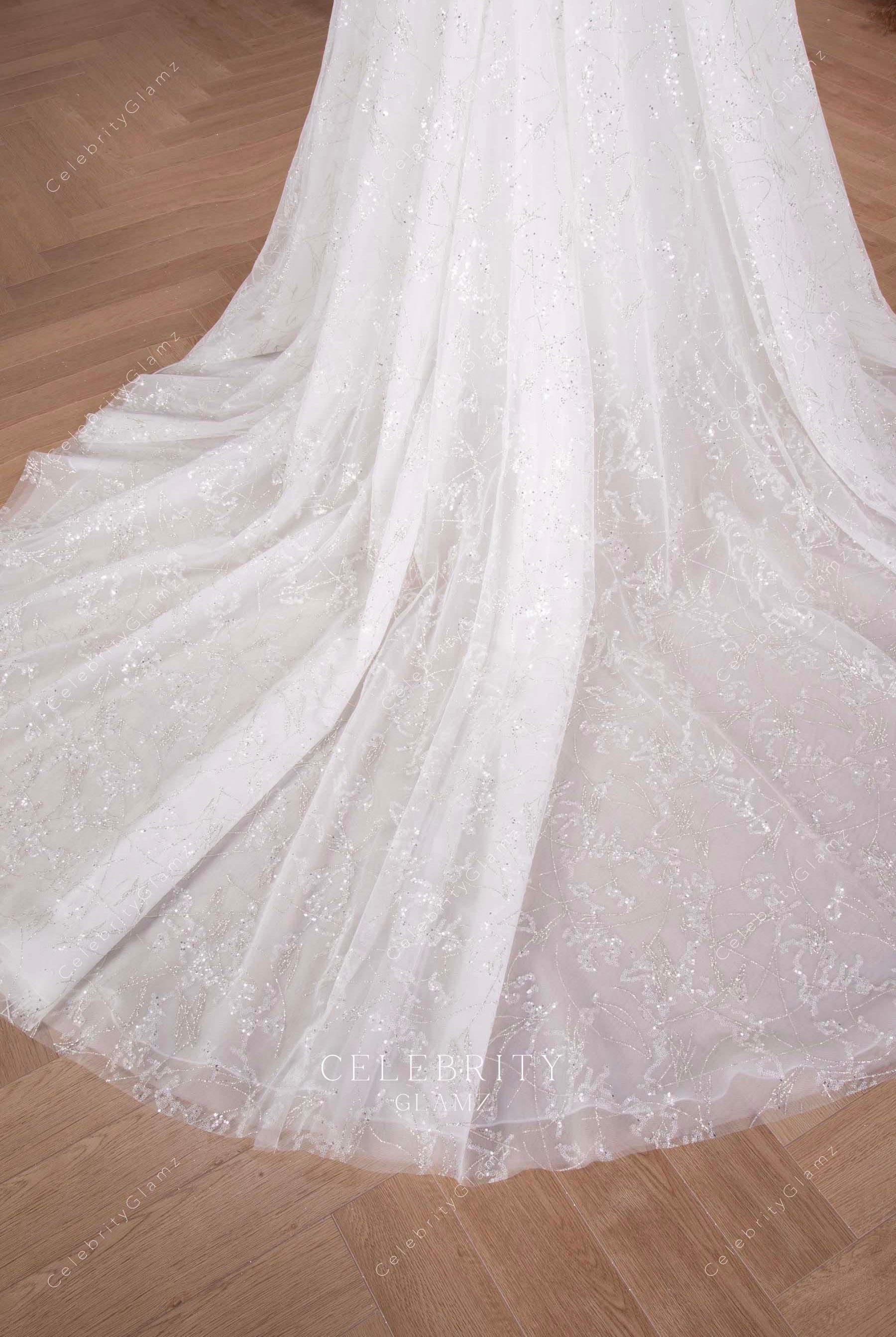 white glitter a line long train wedding dress