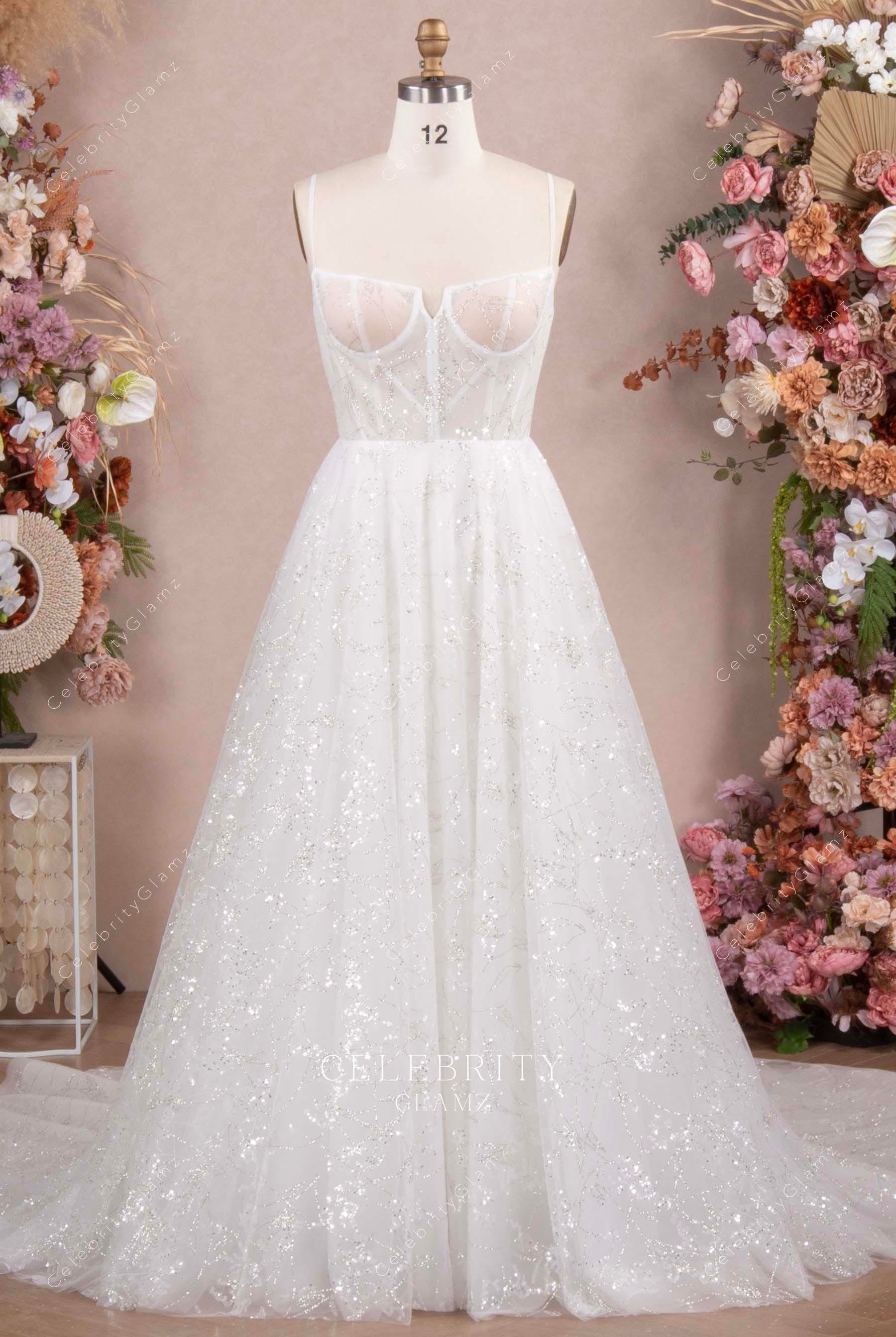 white glitter a line wedding dress