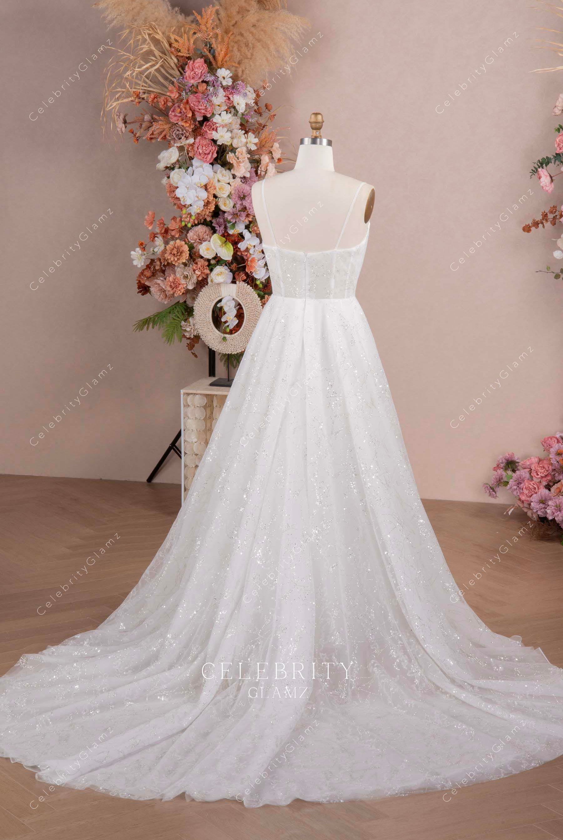 white glitter chapel train wedding dress