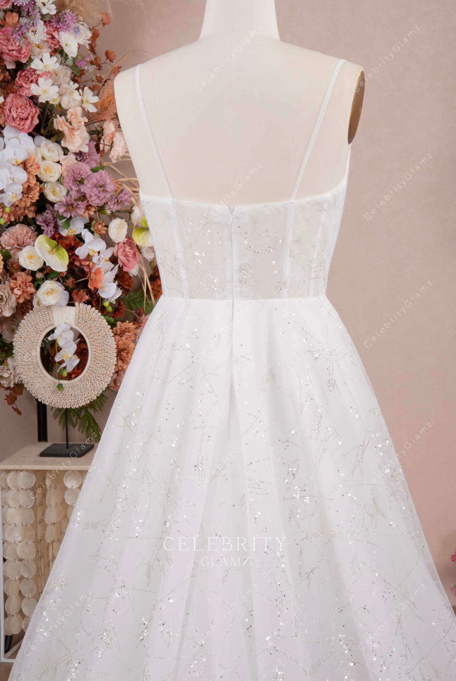 white glitter lace open back wedding dress