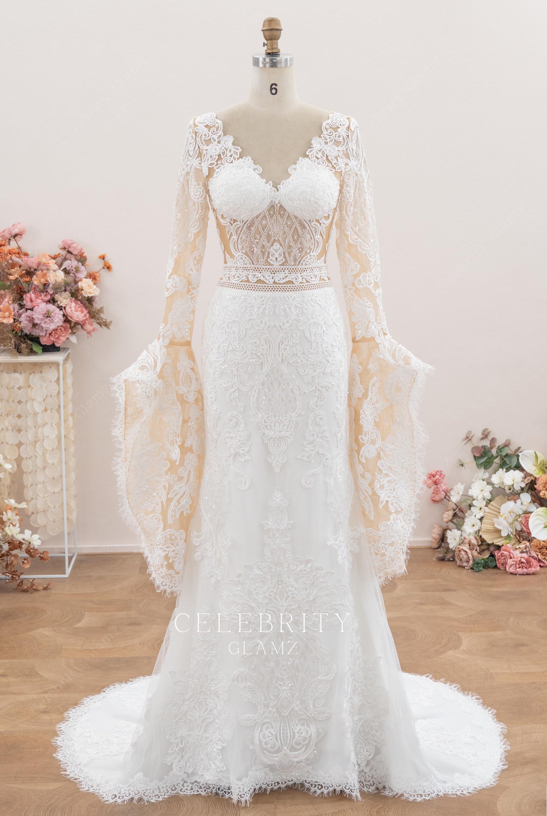 white lace boho bridal dress