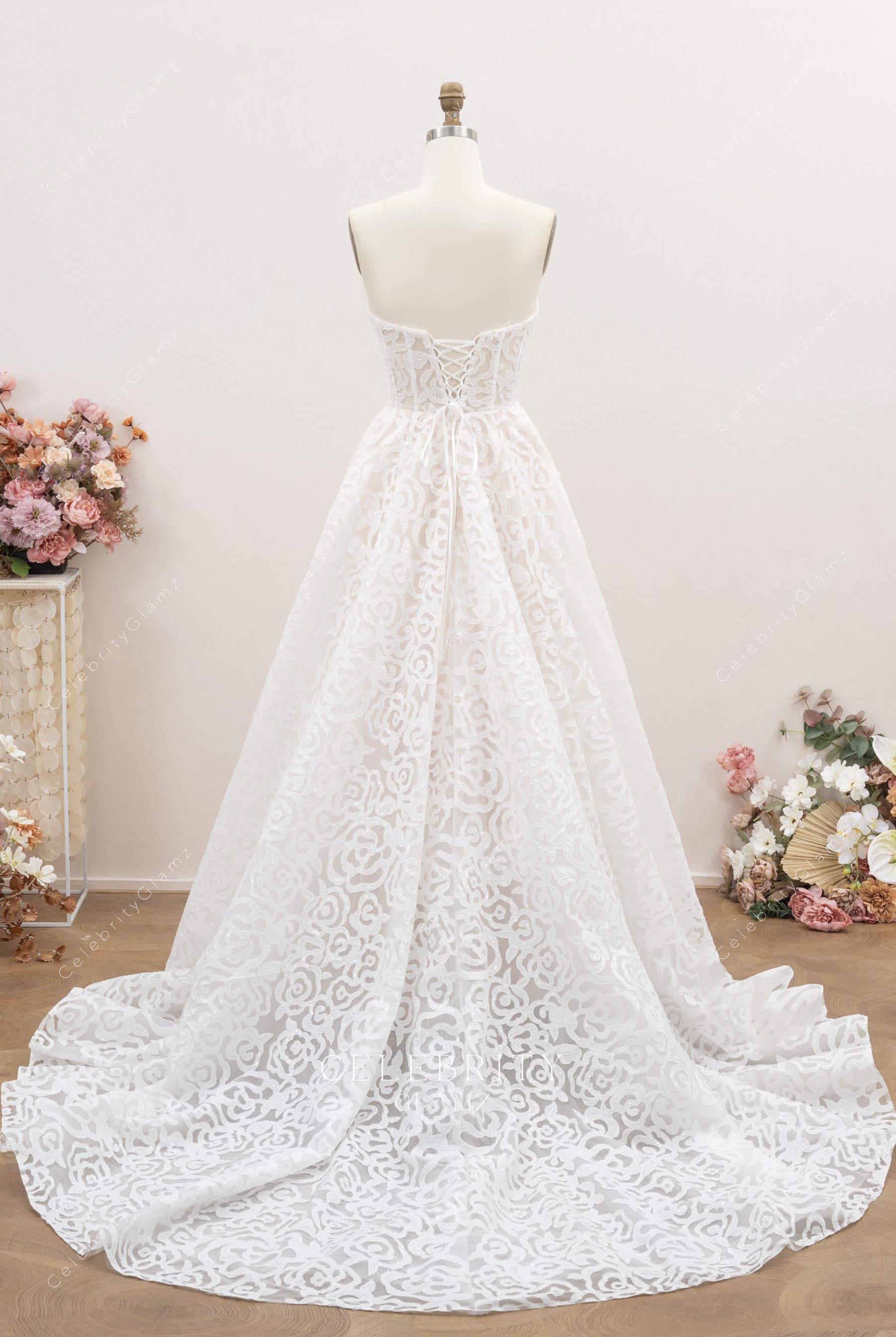 white lace court train wedding dress