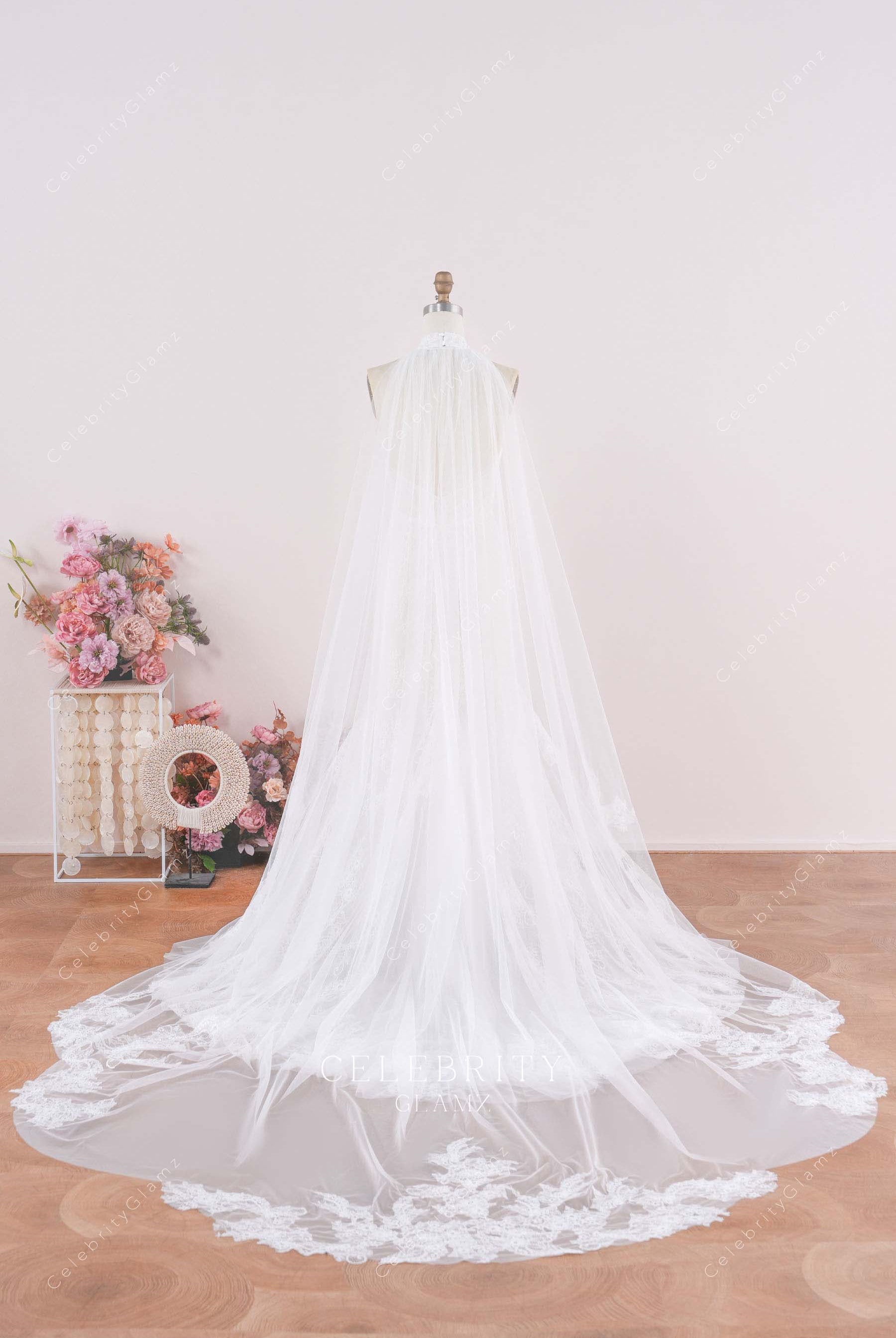 white lace detachable cape wedding dress