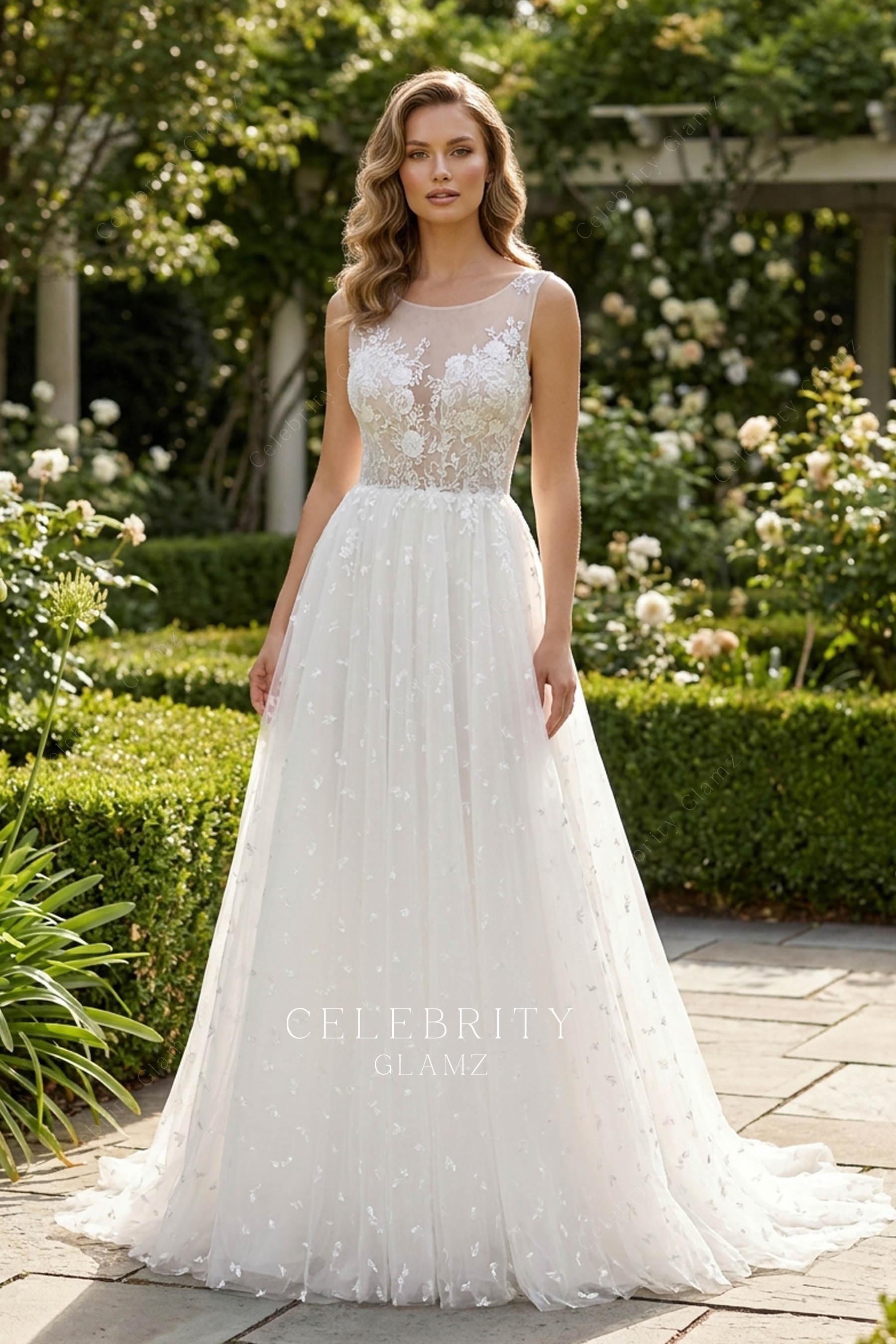 white lace dot tulle bridal dress
