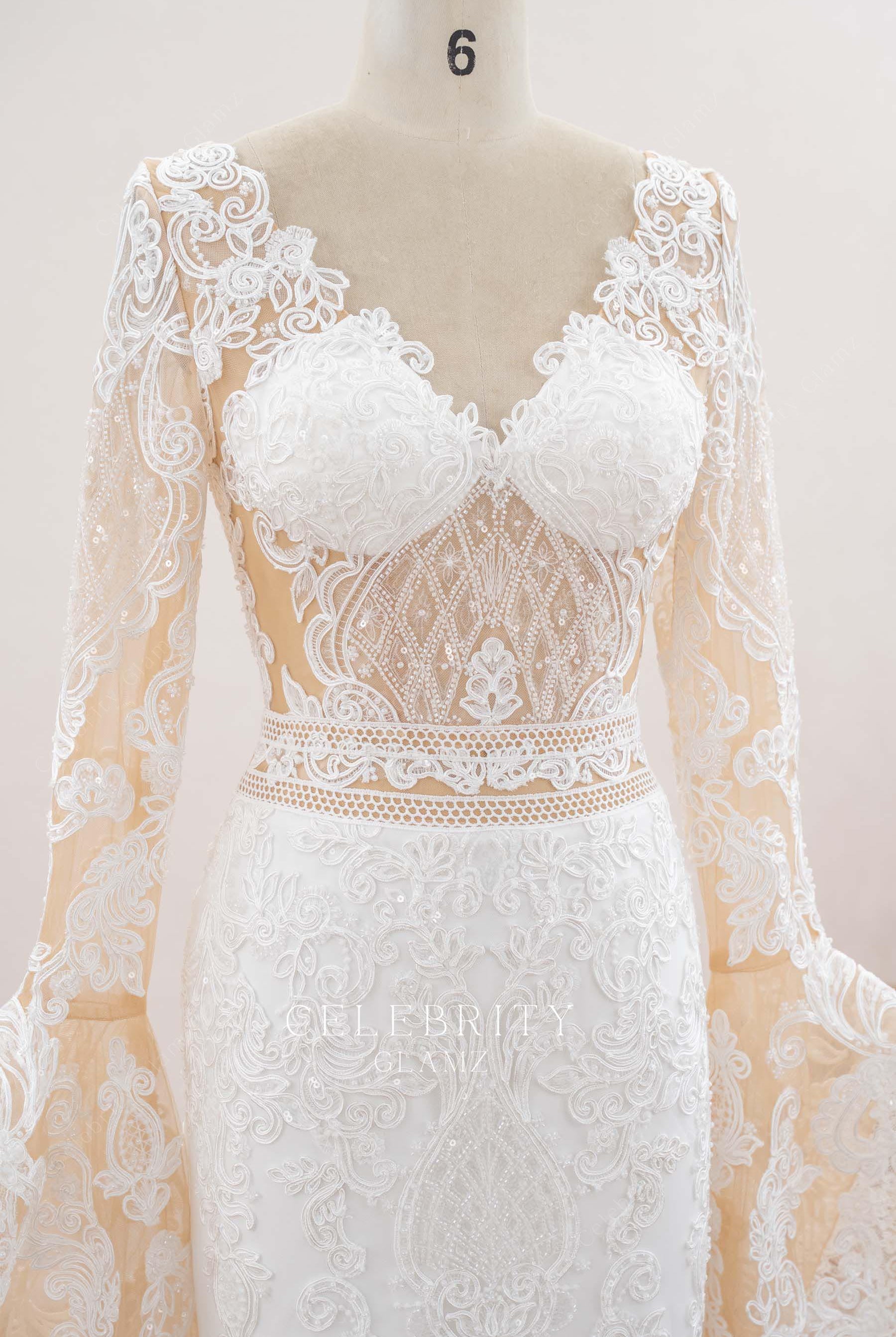 white lace fit flare bridal dress