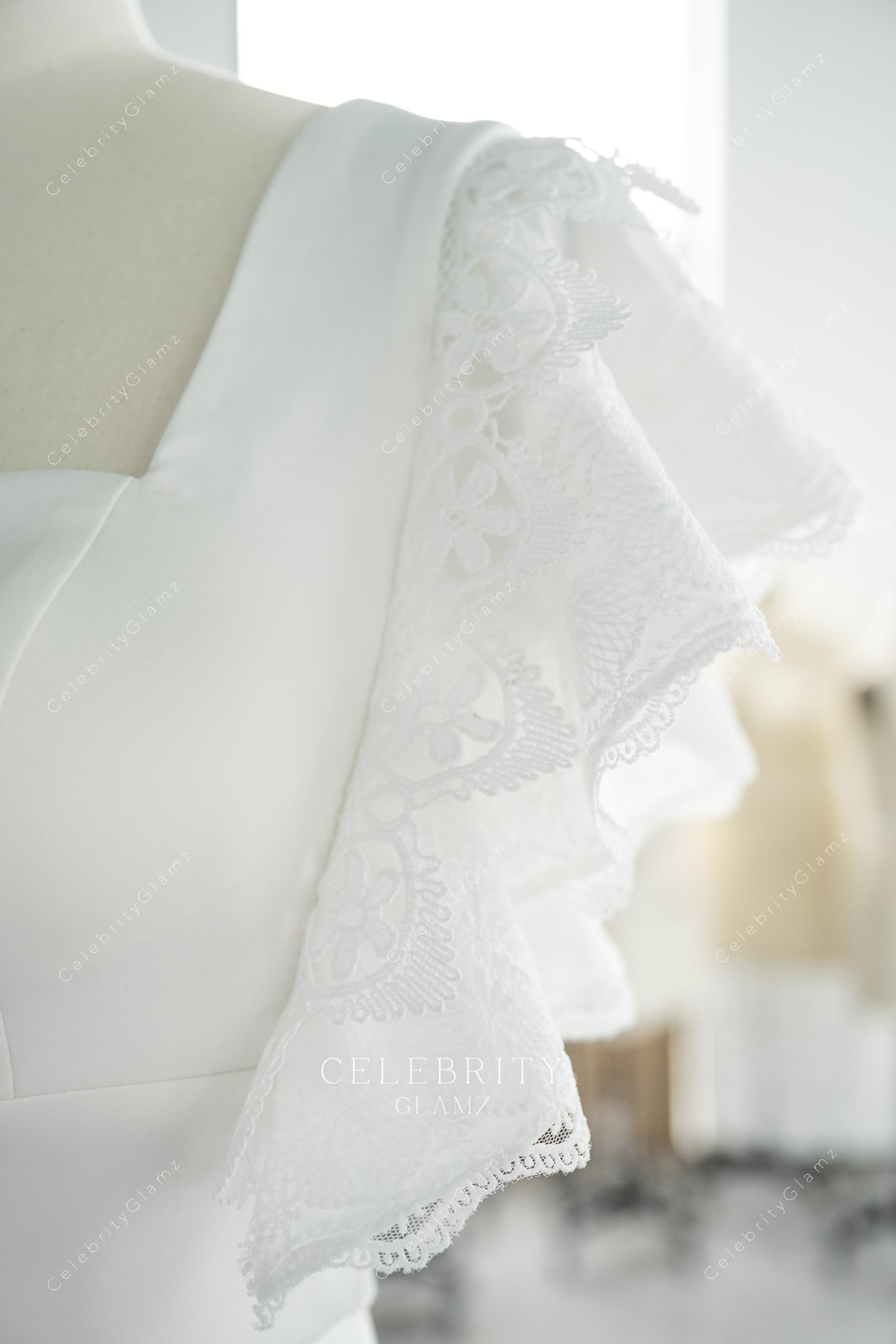 white lace flutter sleeve bridal dress