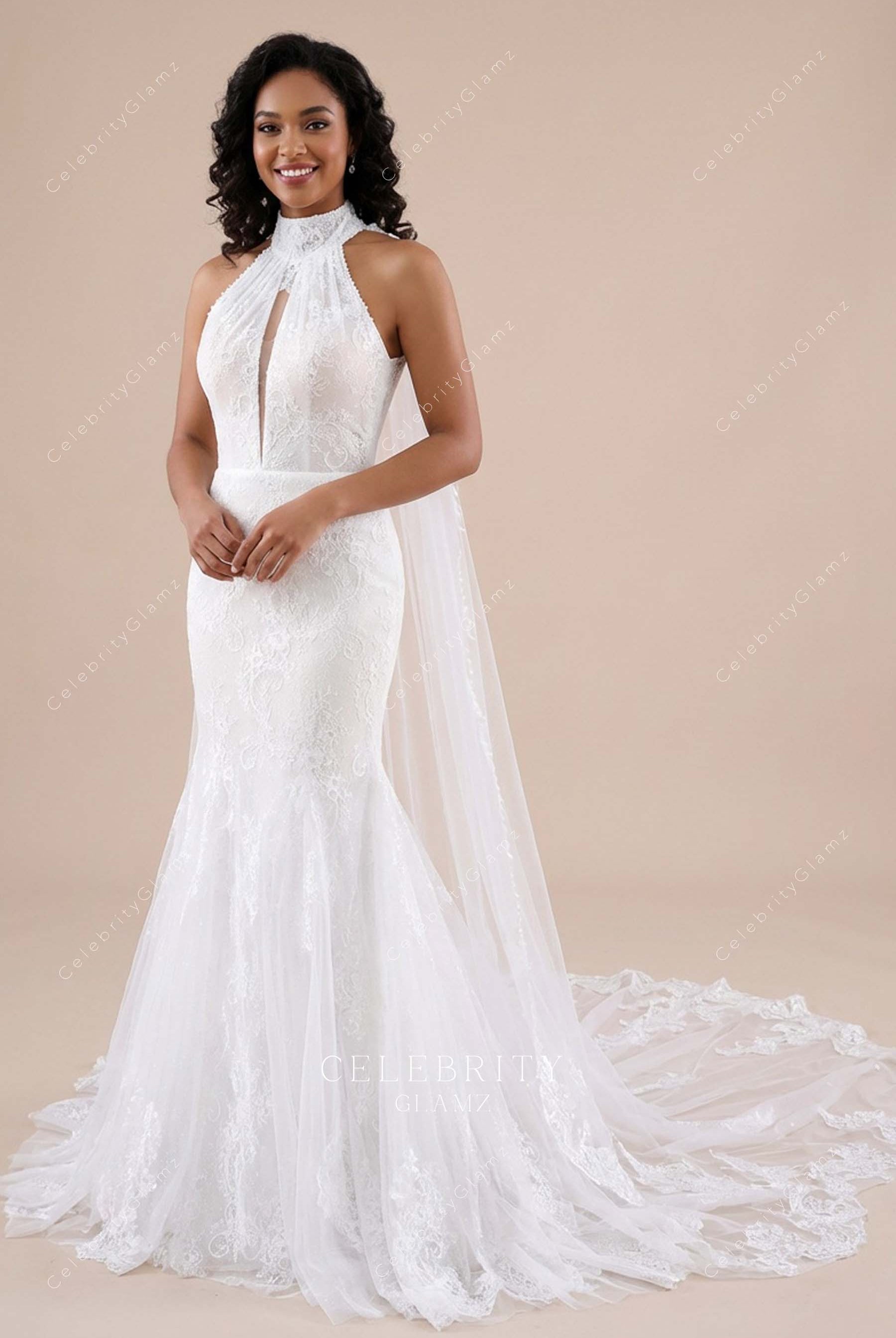 white lace halter trumpet wedding dress