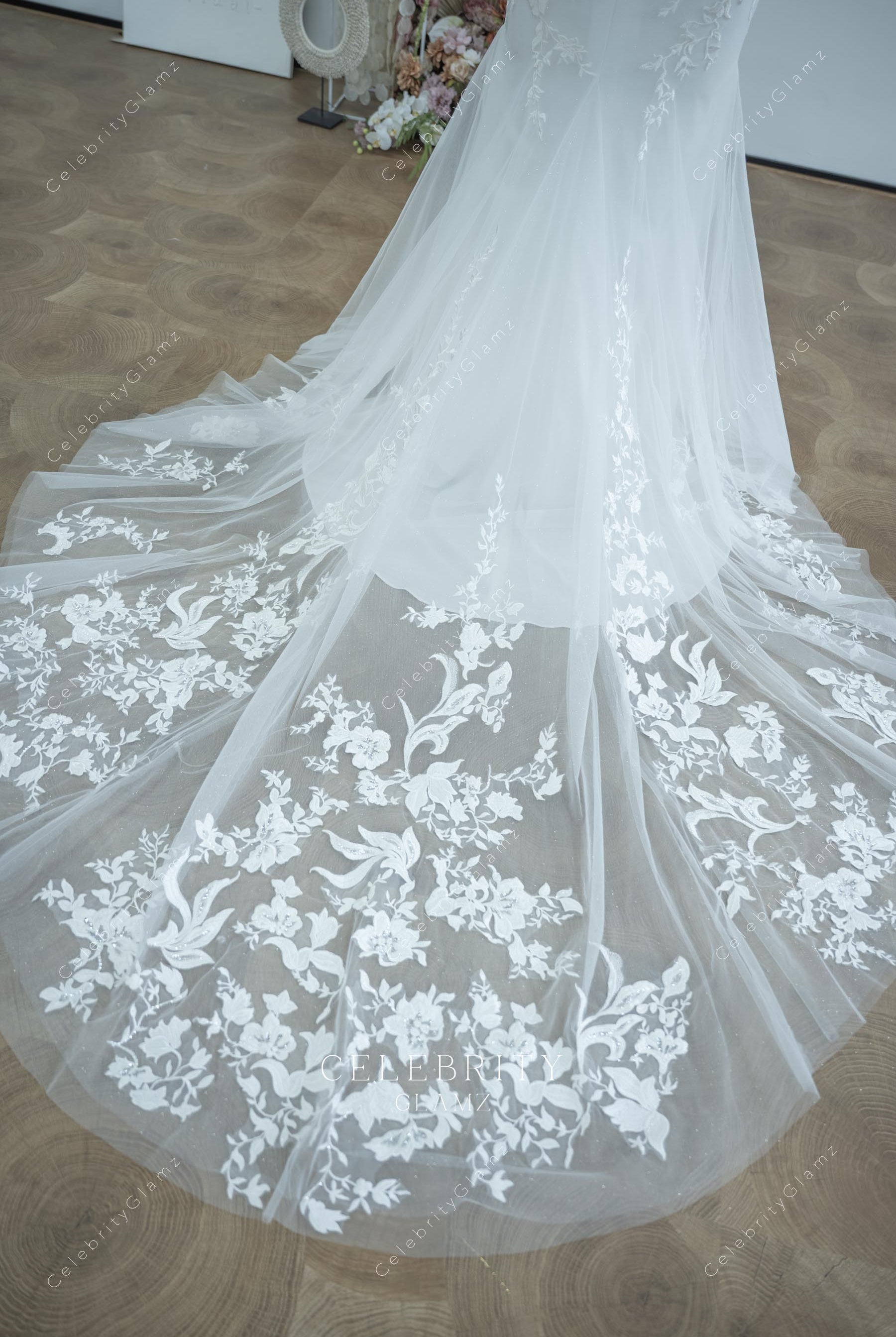white lace illusion chapel train wedding dress