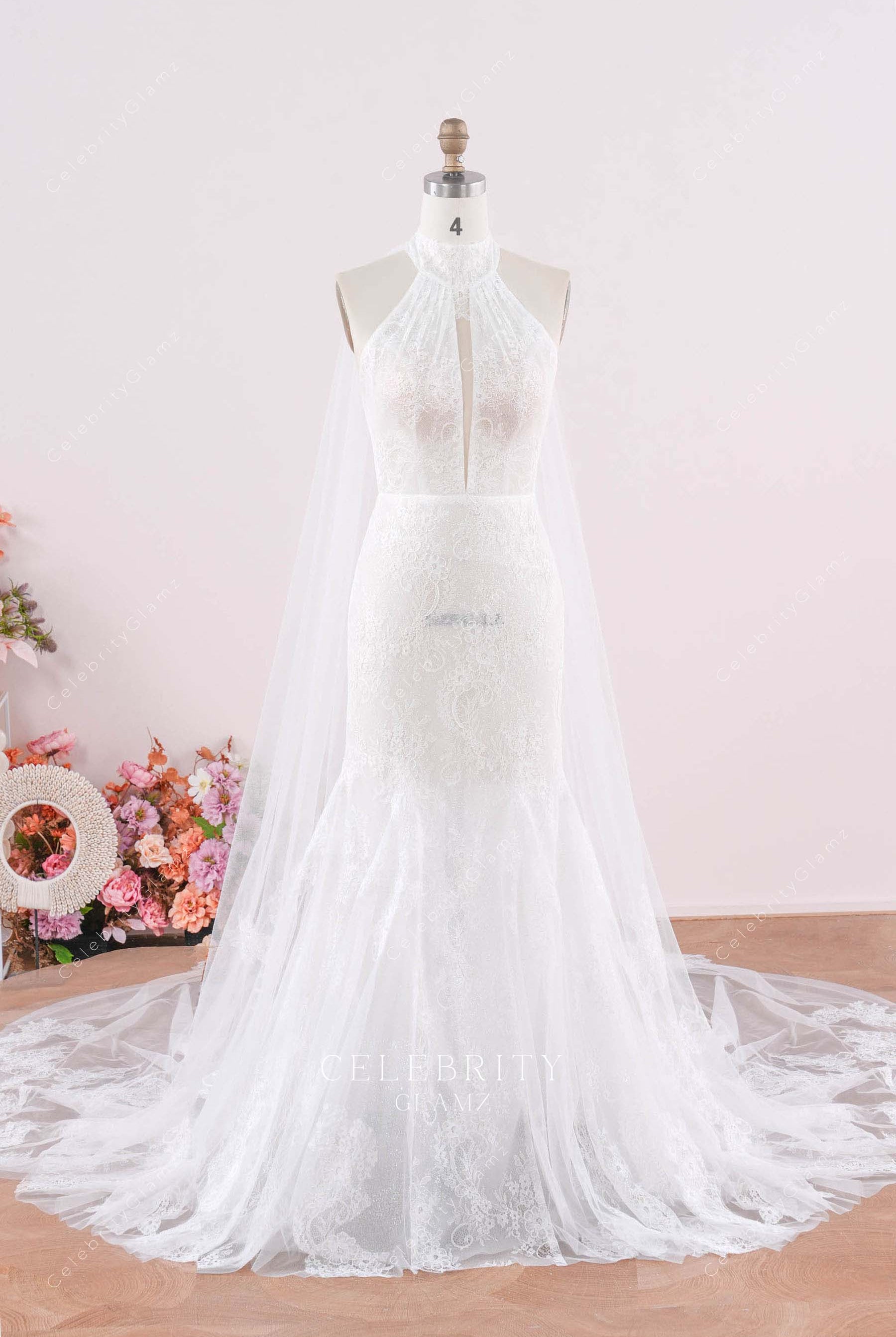 white lace mock neck mermaid wedding dress