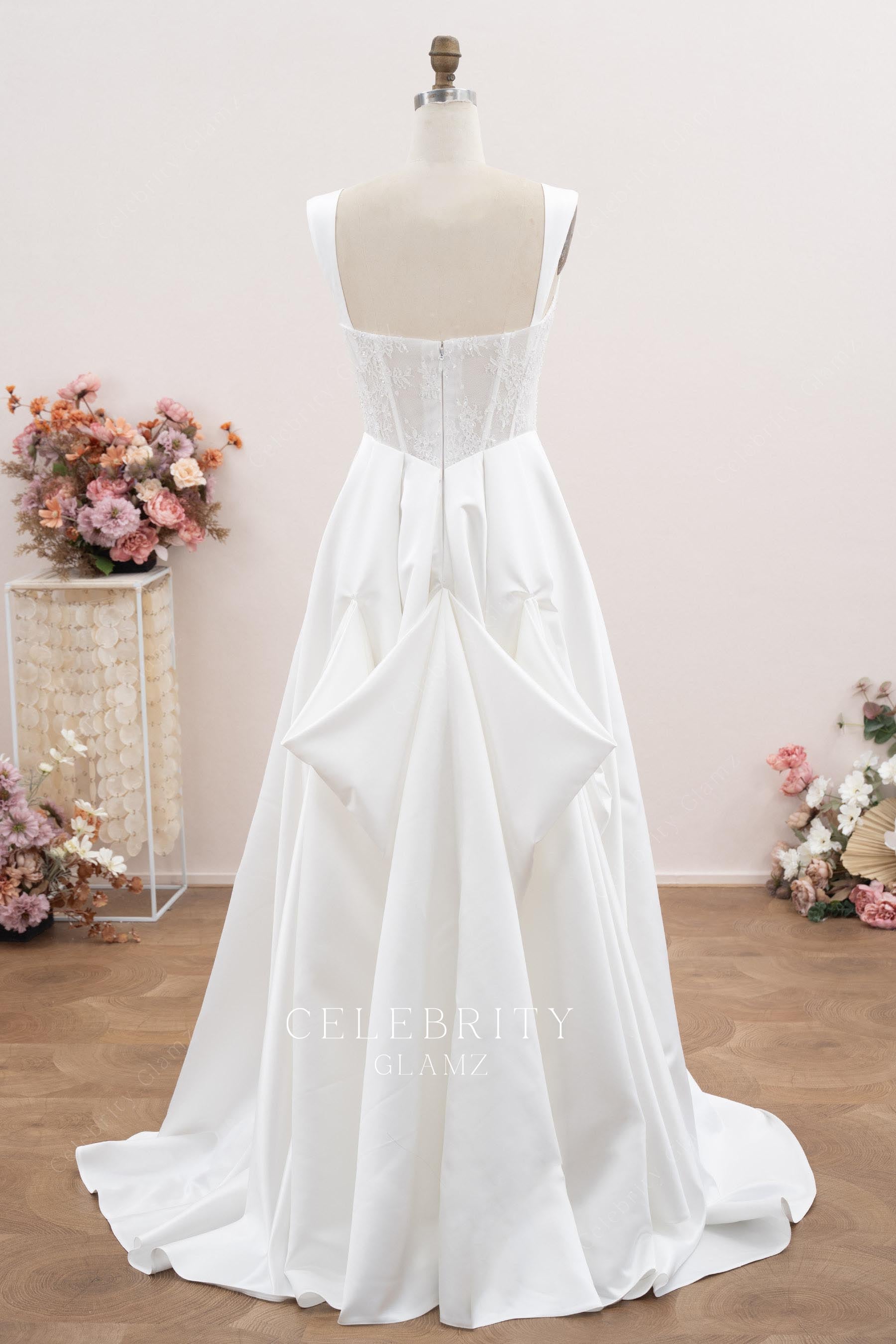 white lace satin bustled up wedding dress