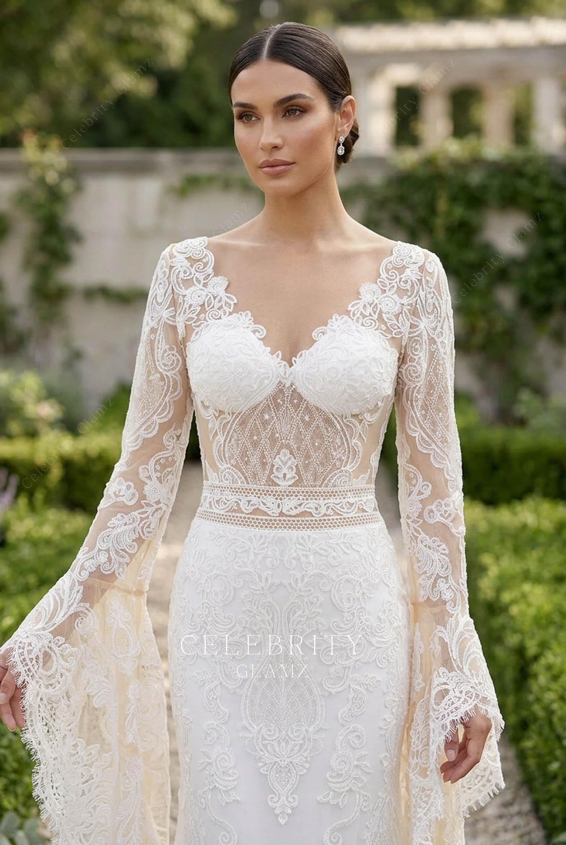 white lace sheer bodice bridal dress