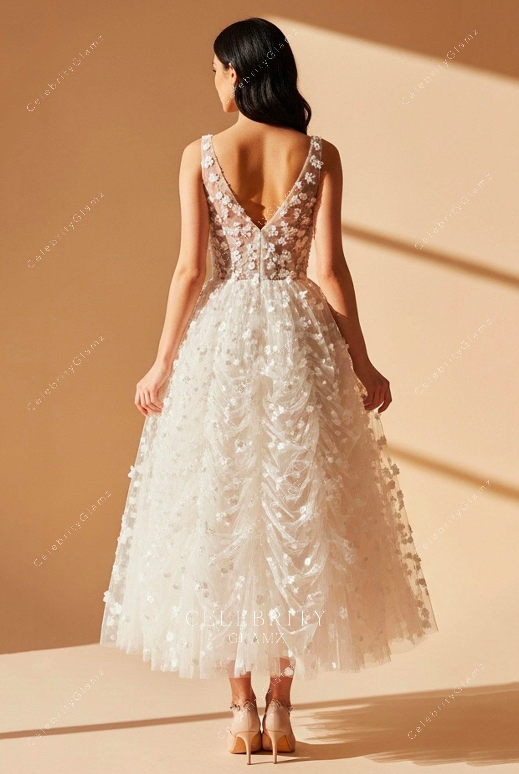 white lace tea length wedding dress