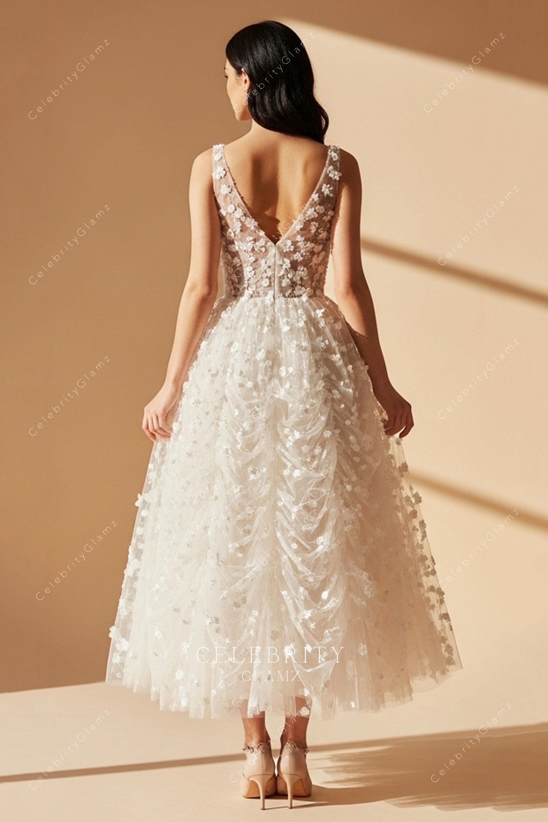 white lace tea length wedding dress