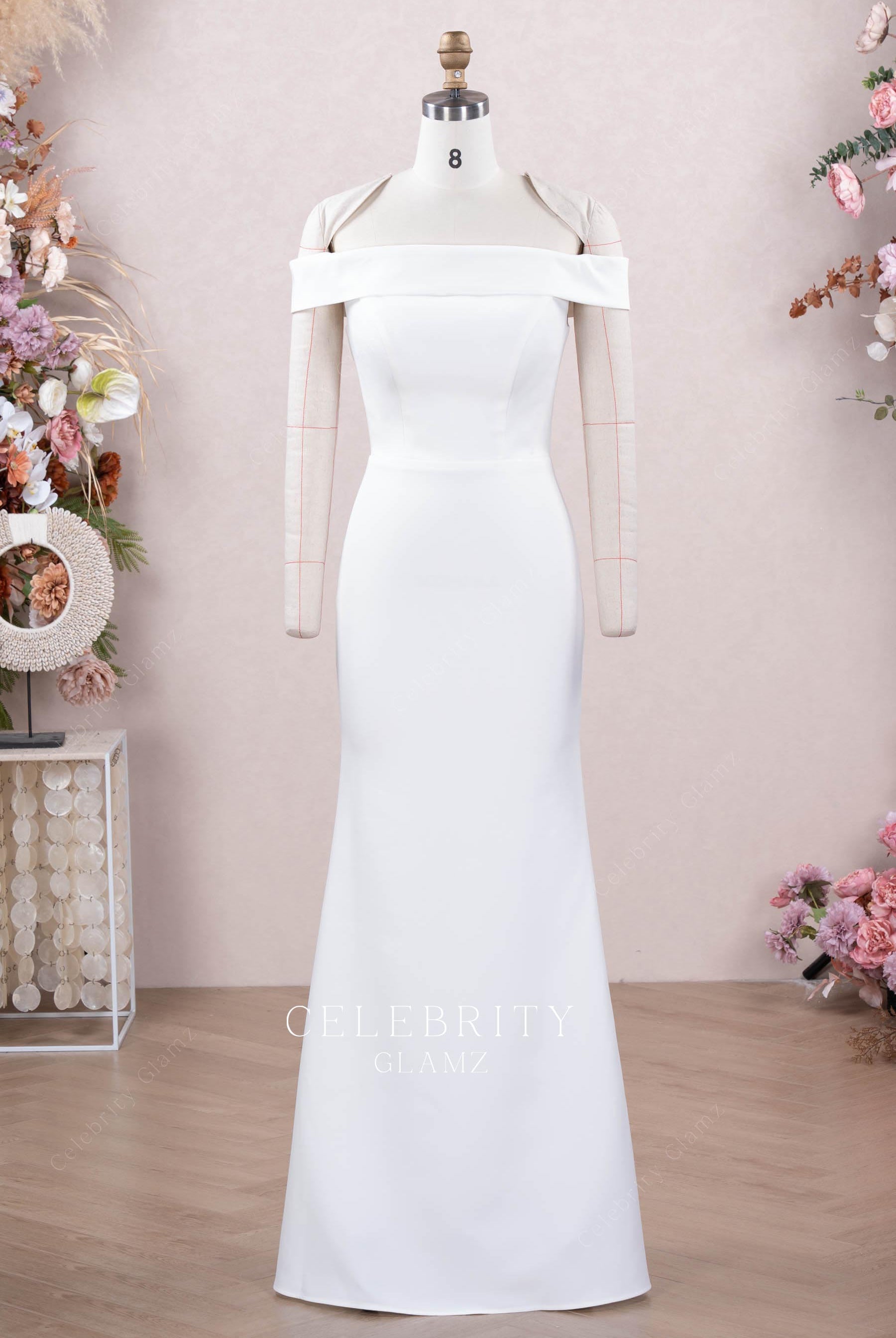 white off shoulder wedding dress