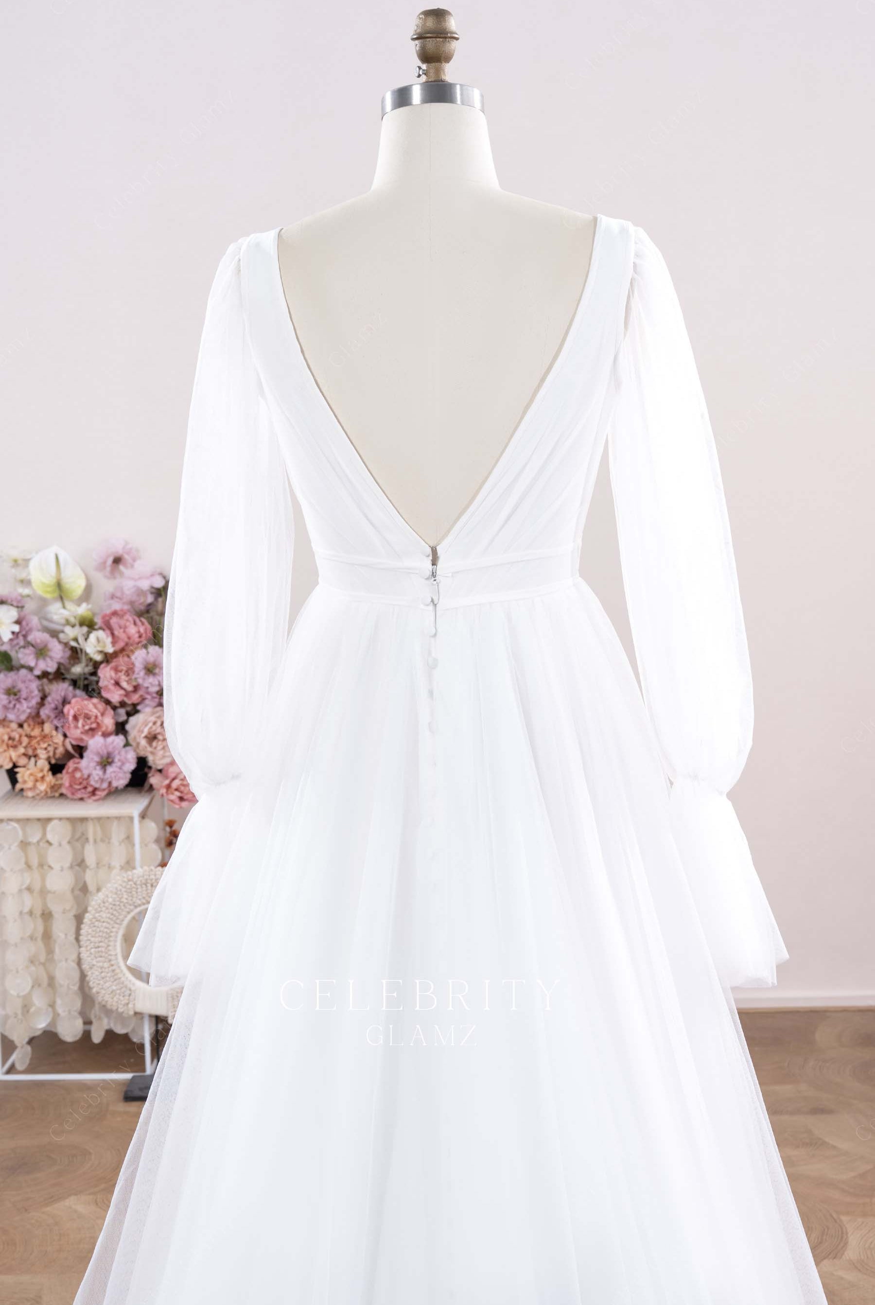 white open v back wedding dress