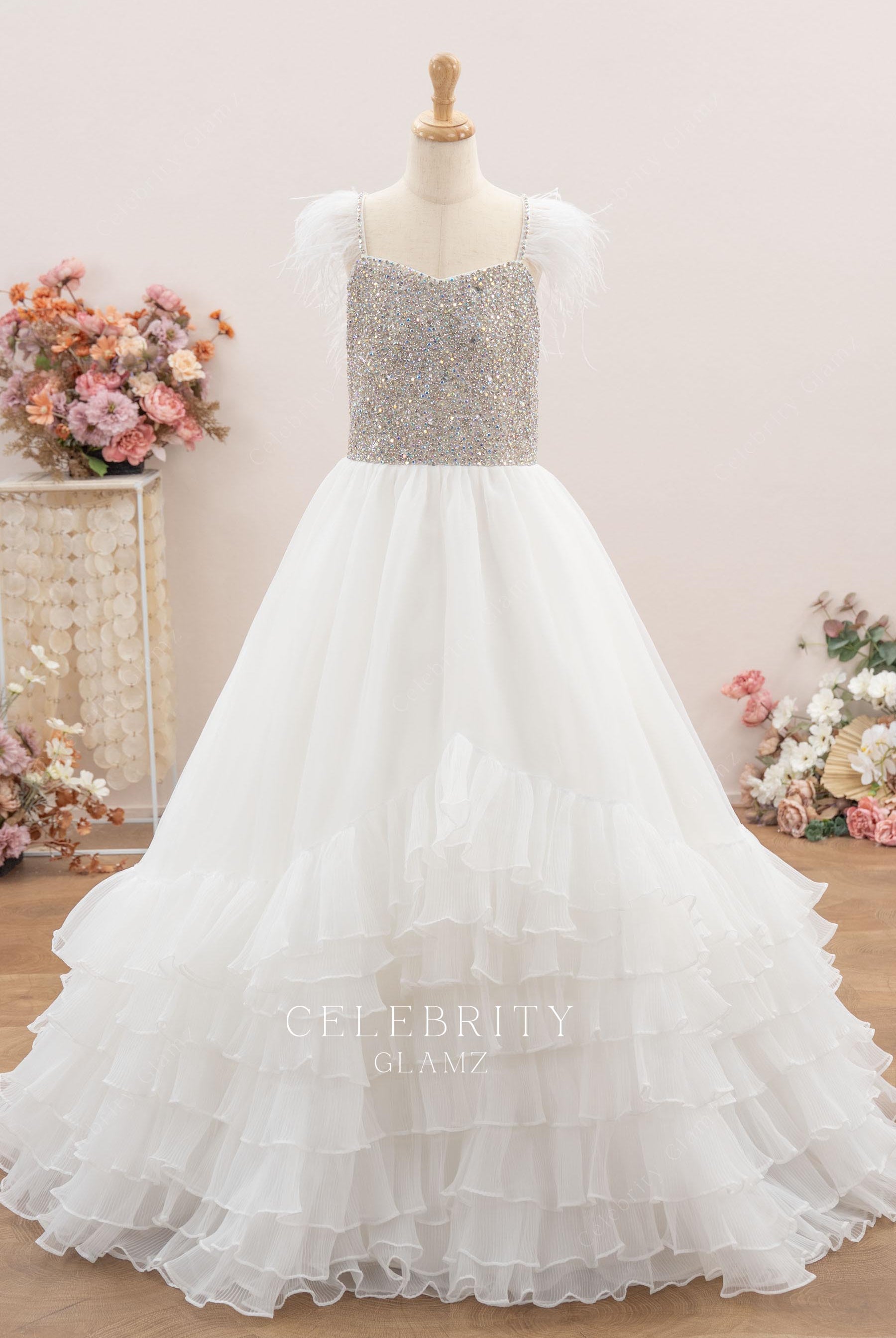 white organza a line kids pageant dress