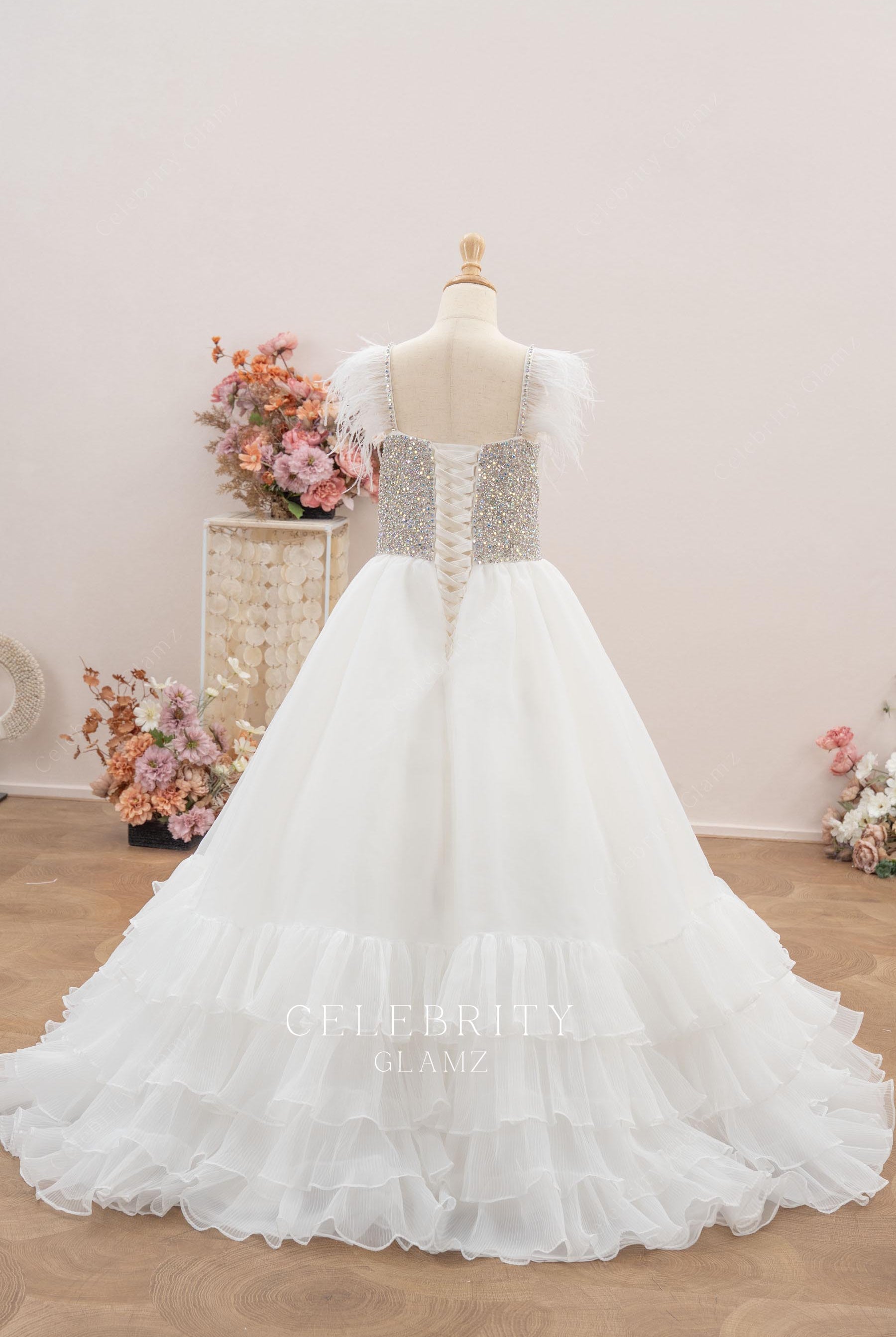 white organza ruffles kids pageant dress