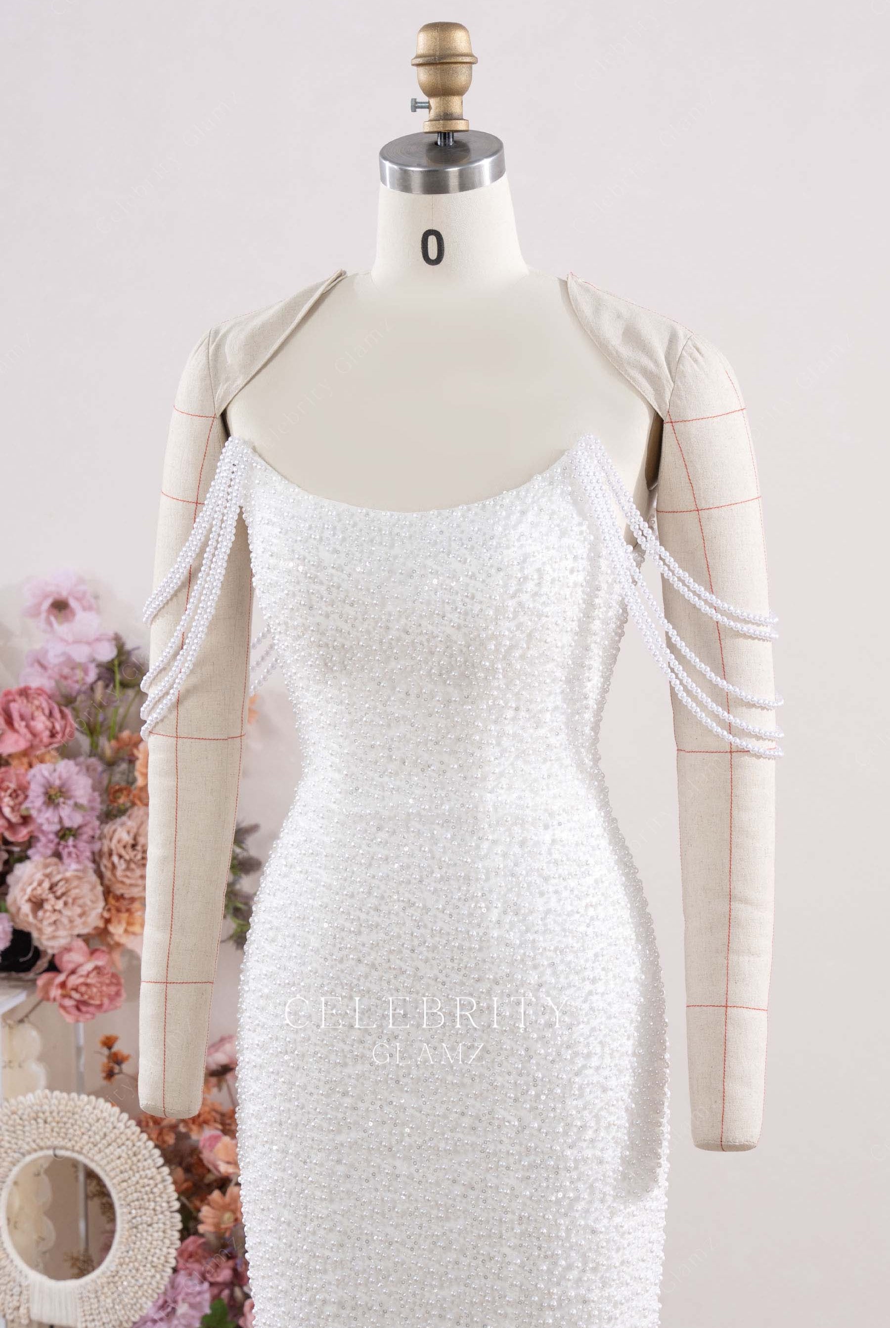 white pearls scoop prom dress